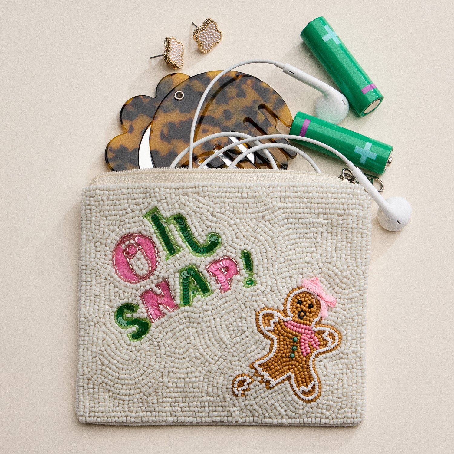 Hand-Beaded Gingerbread “Oh Snap” Holiday Pouch
