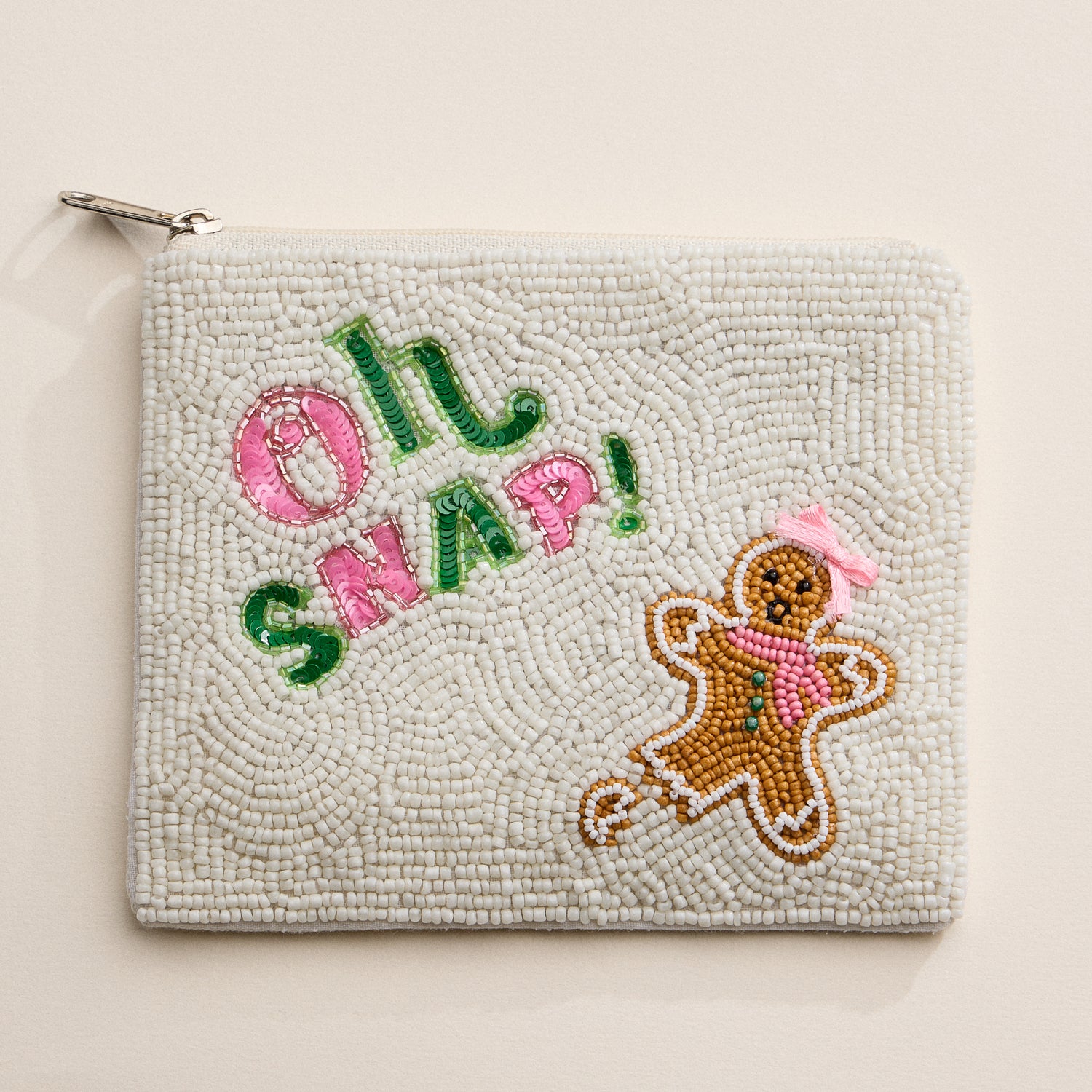 Hand-Beaded Gingerbread “Oh Snap” Holiday Pouch