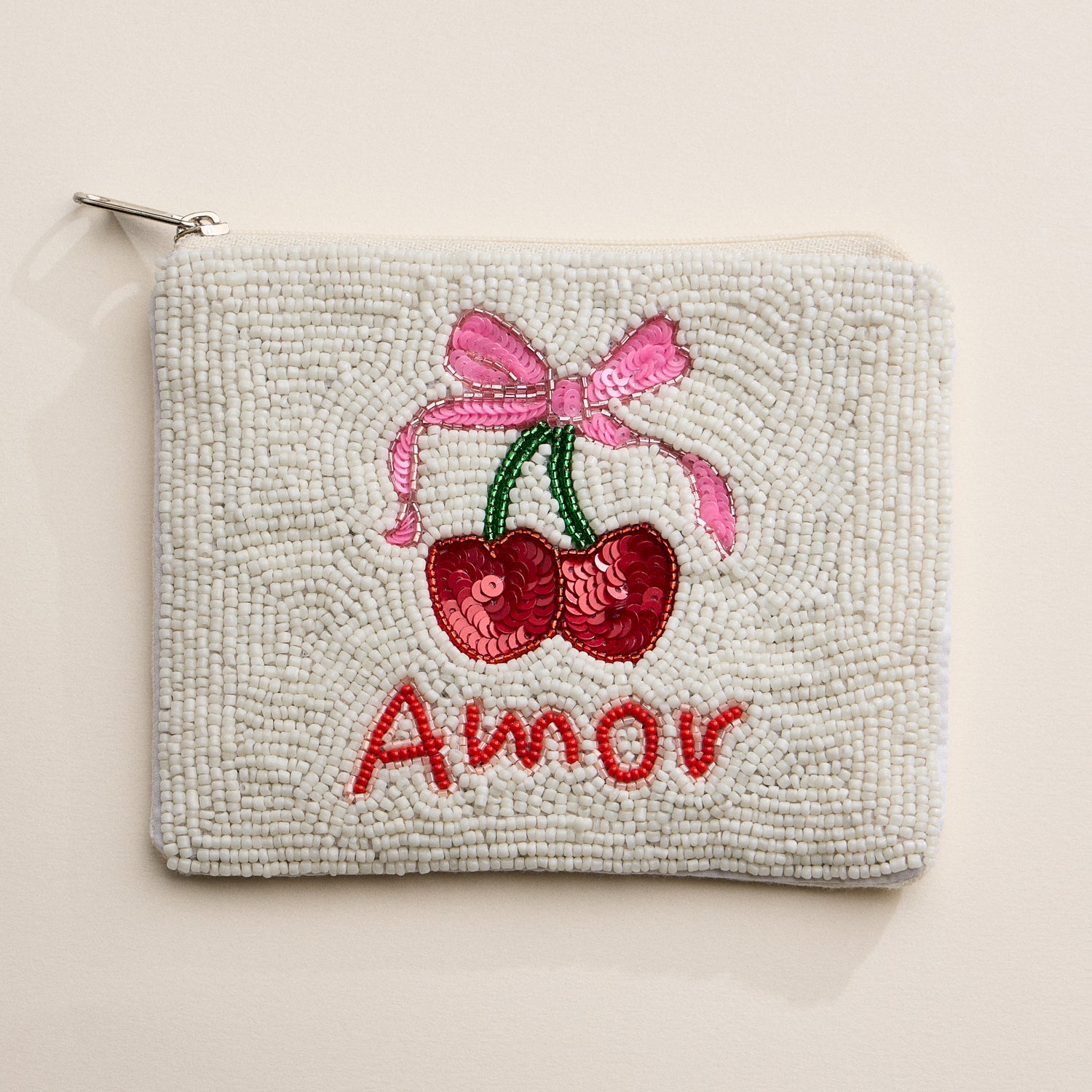 Hand-Beaded Amor Cherry Motif Zipper Pouch