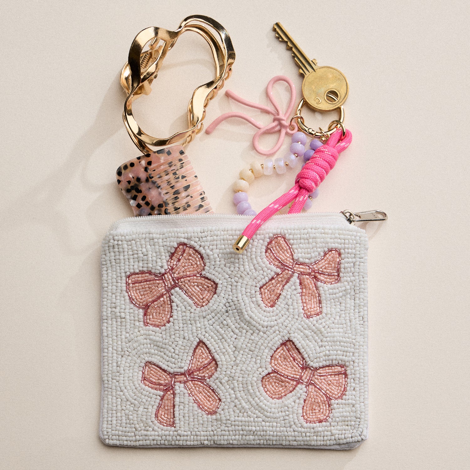 Beaded Pink Bows Zipper Pouch