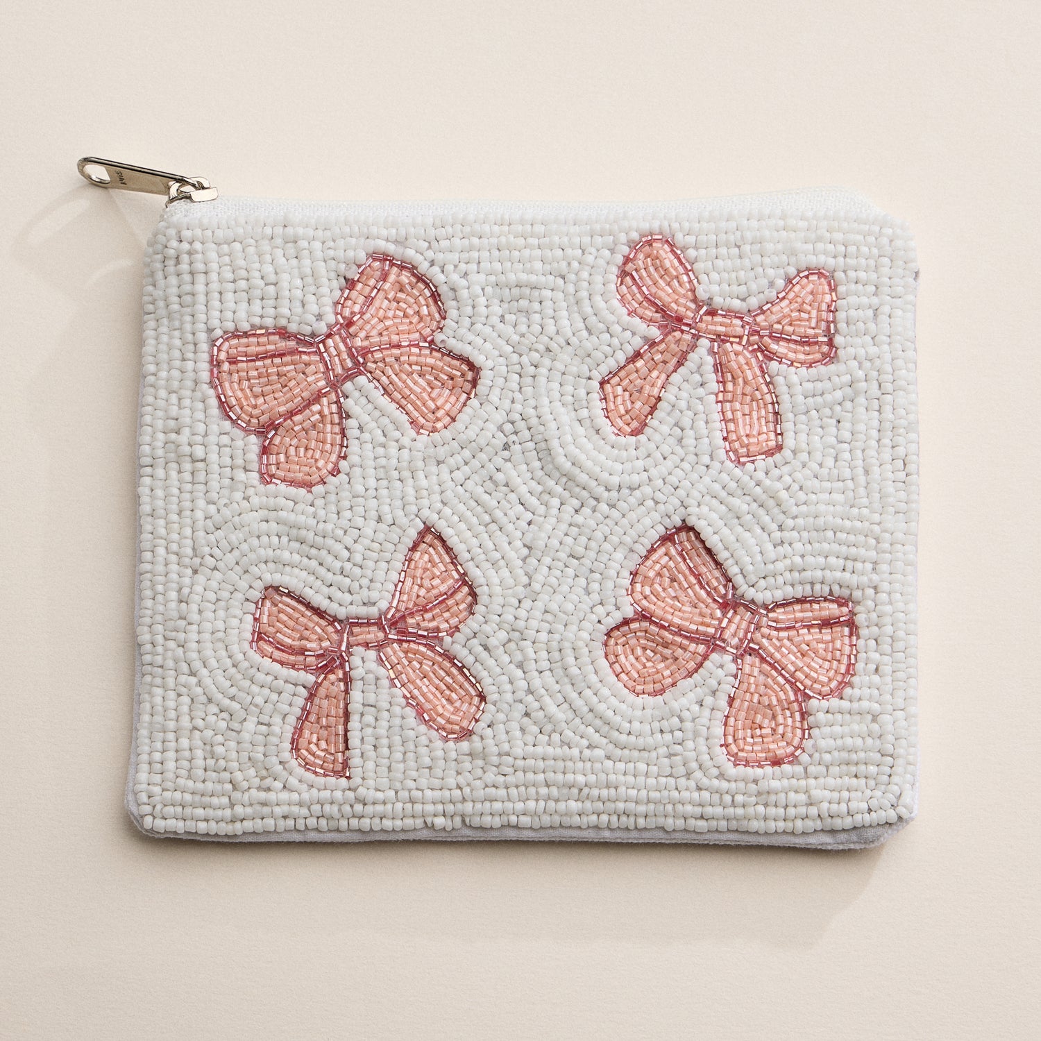 Hand-Beaded Zipper Pouch with Delicate Pink Bows
