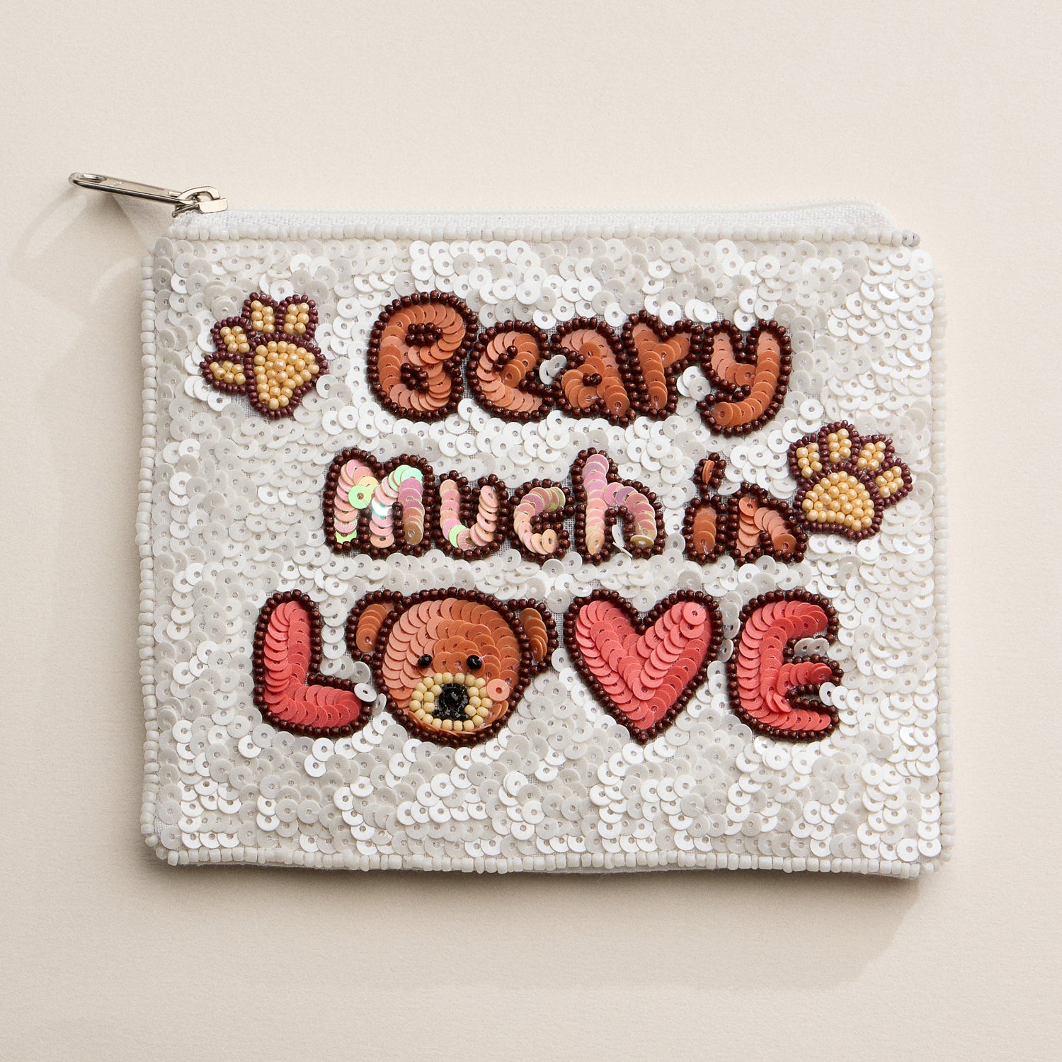 Hand-Beaded Sequin Pouch with Teddy Bear Love Motif