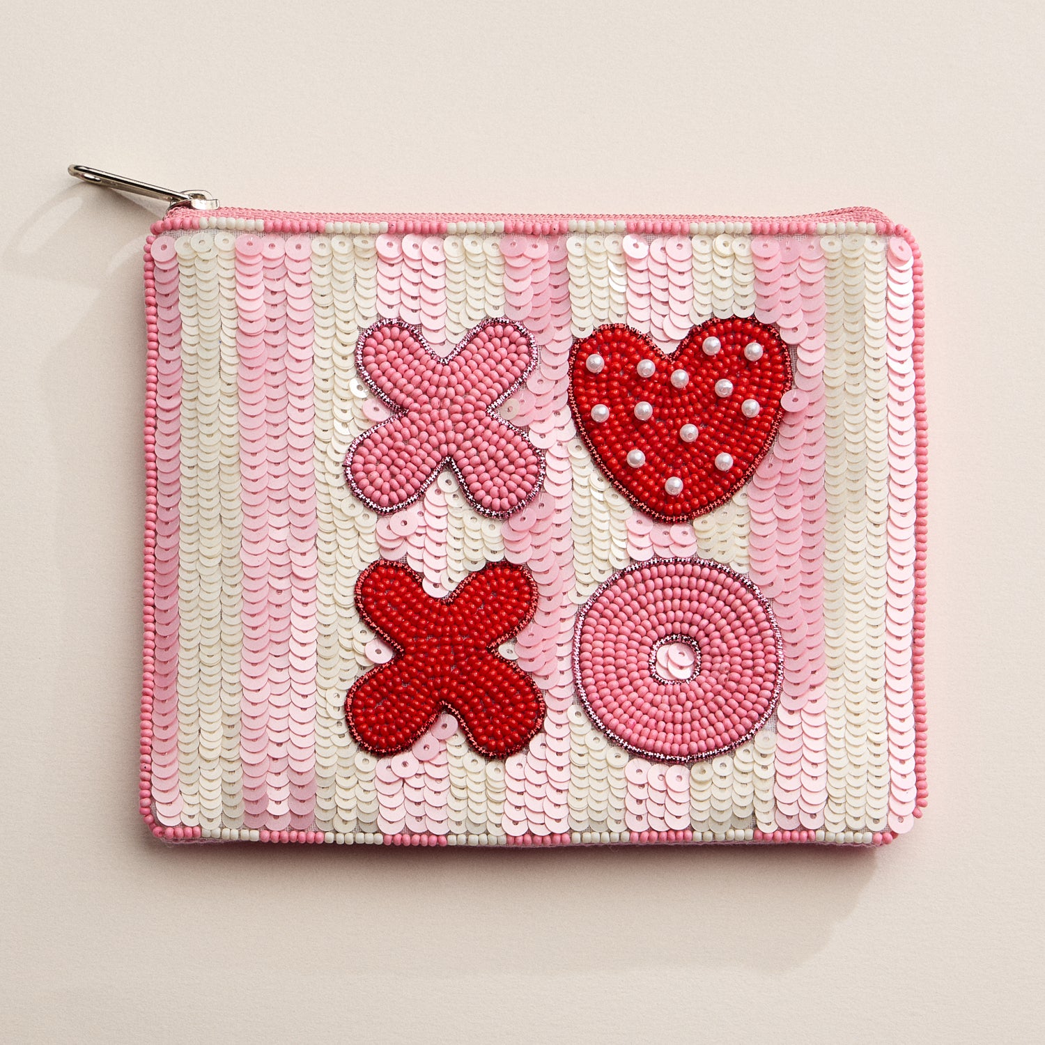 Hand-Beaded Sequin Pouch with XOXO Heart Design