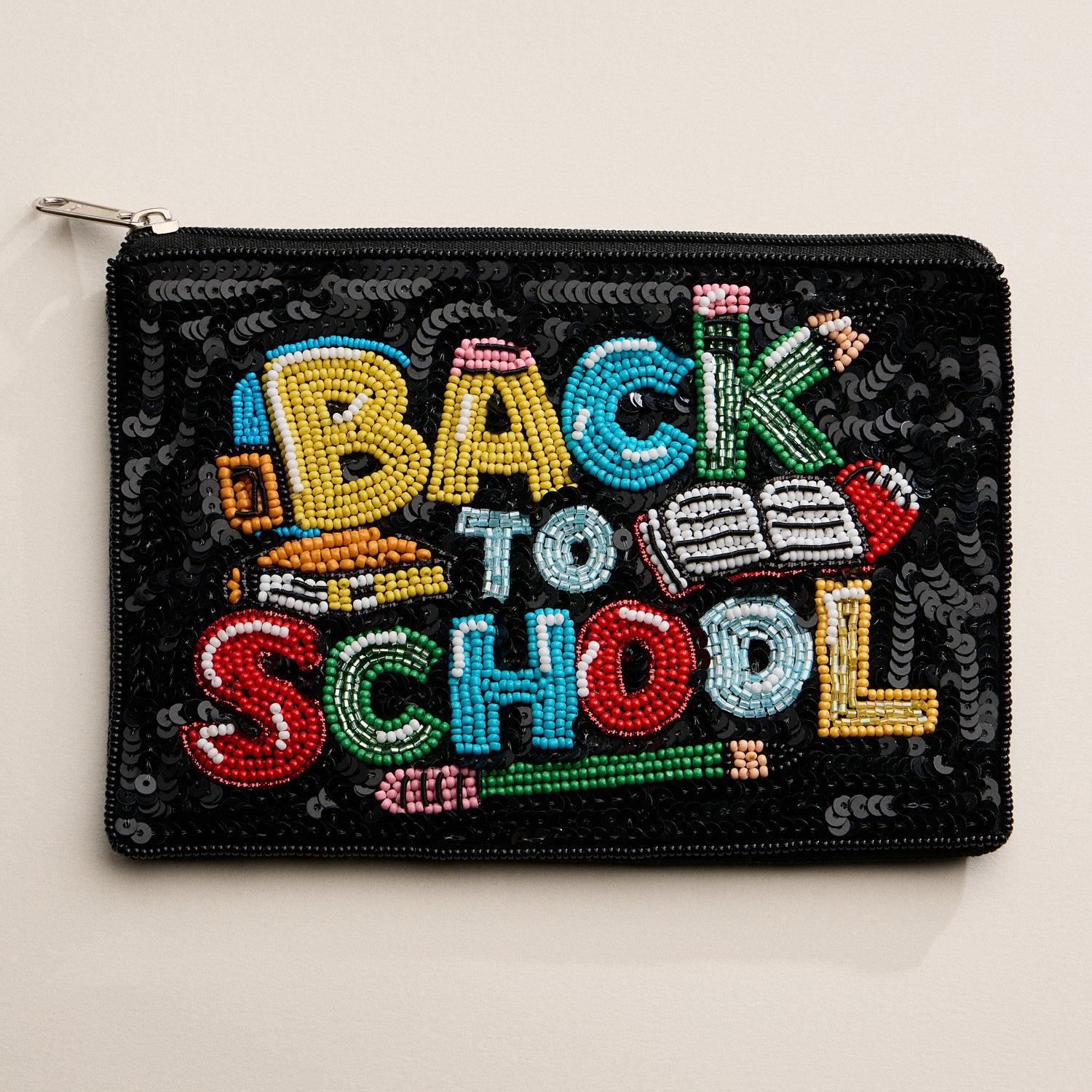 Hand-Beaded Back-to-School Essentials Pouch with Pencil Motif