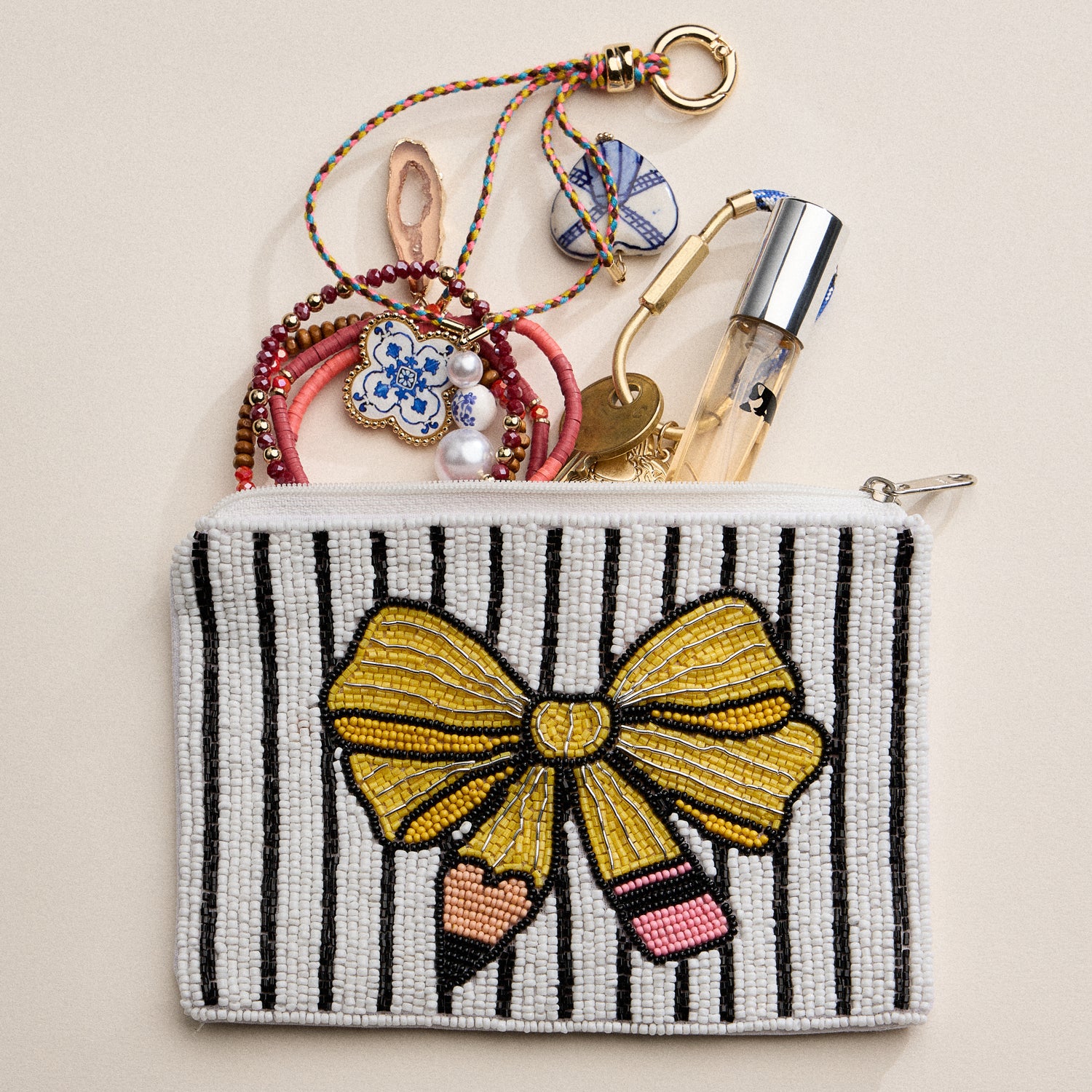 Beaded Yellow Bow Pencil Pouch
