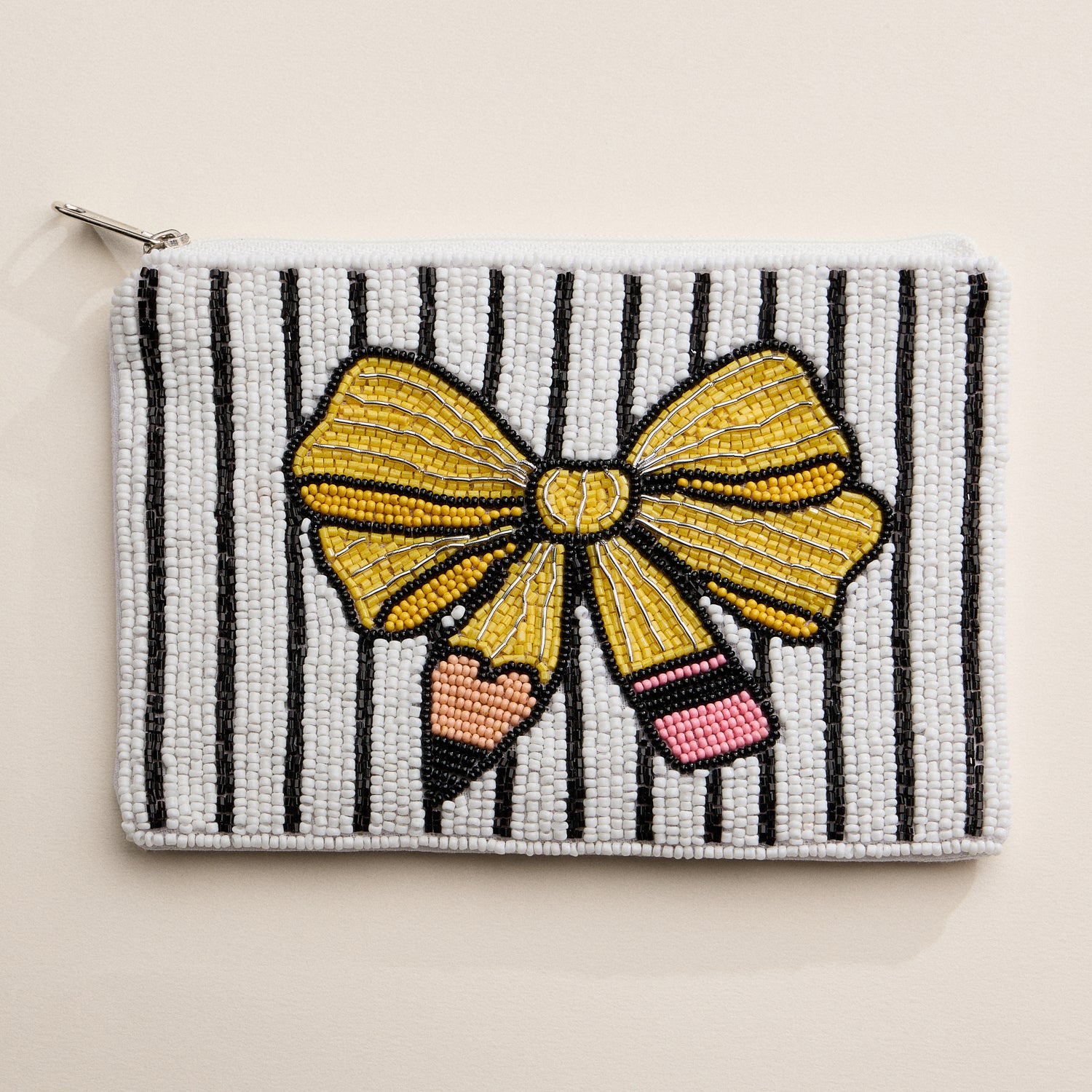Hand-Beaded Yellow Bow Zipper Pouch for Stationery & Essentials