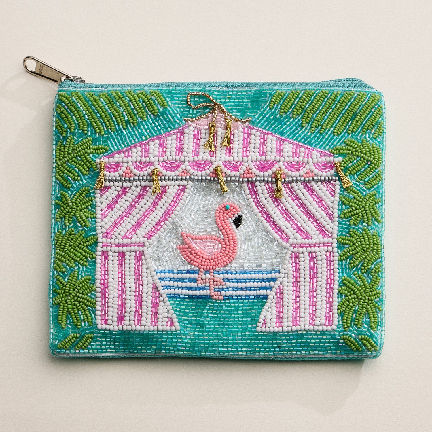 Tropical Flamingo Beaded Clutch with Summer Cabana Motif