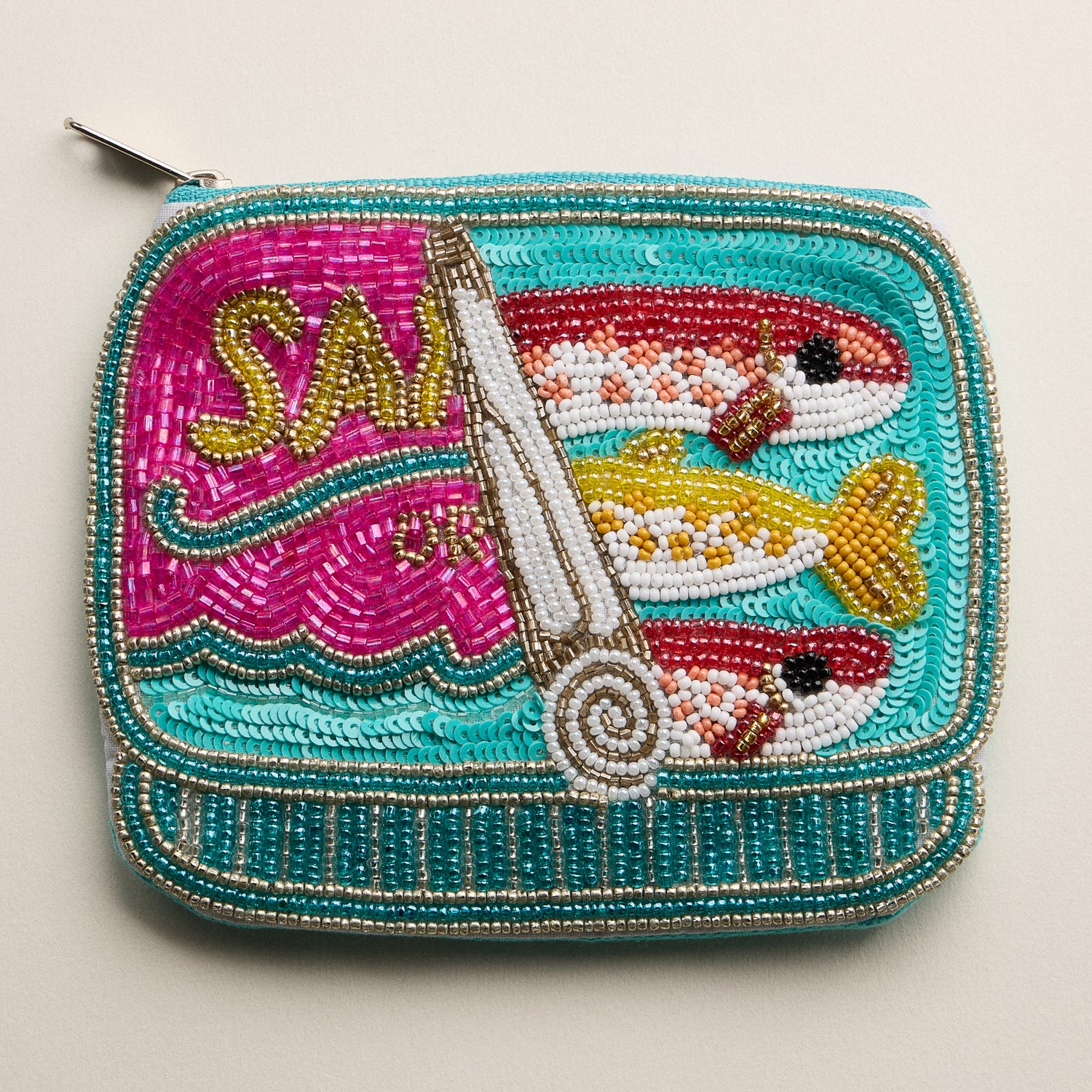 Beaded Sardine Can Clutch – Hand-Embroidered Sequin Zip Pouch