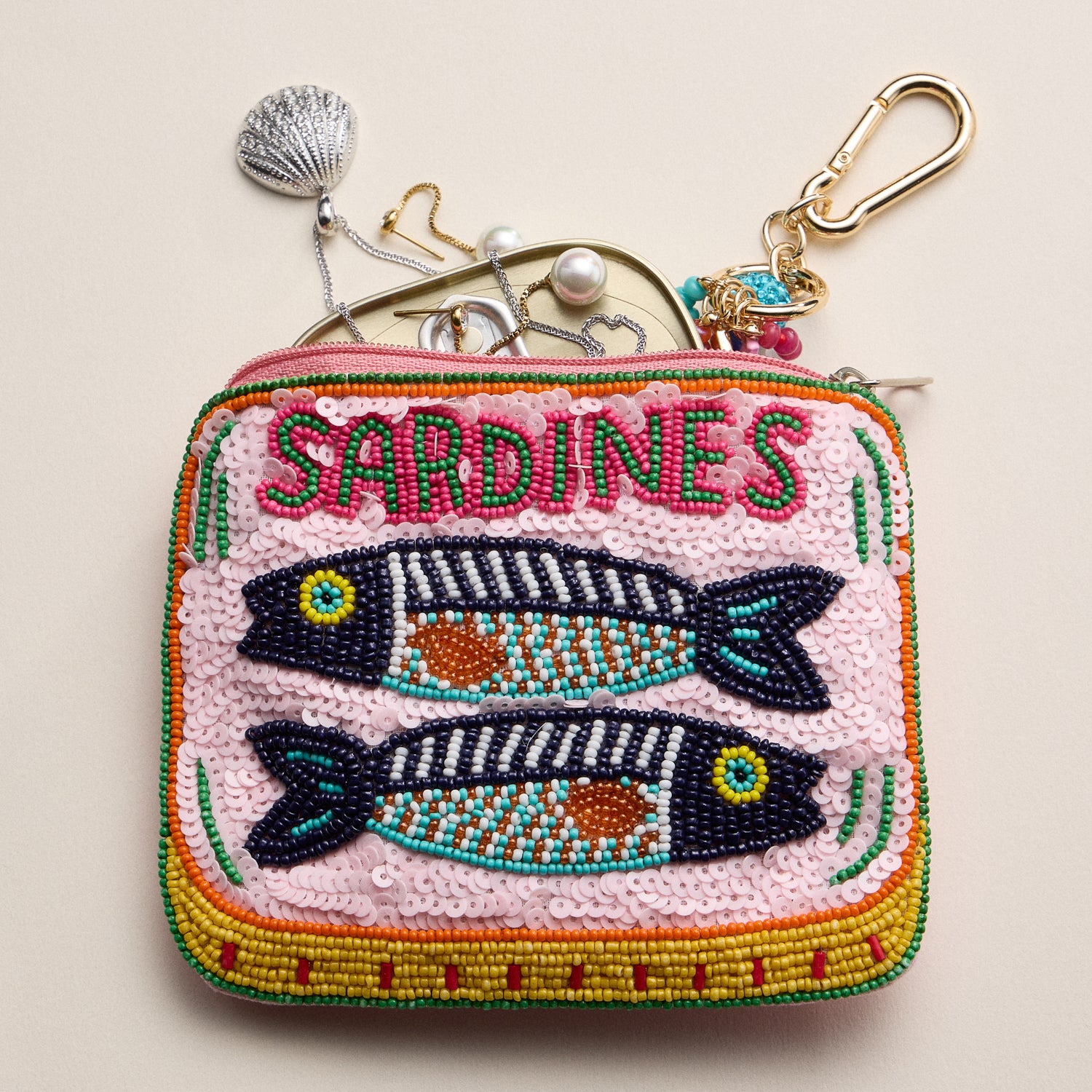 Beaded Sardine Tin Clutch – Pink Hand-Embroidered Sequin Zip Pouch