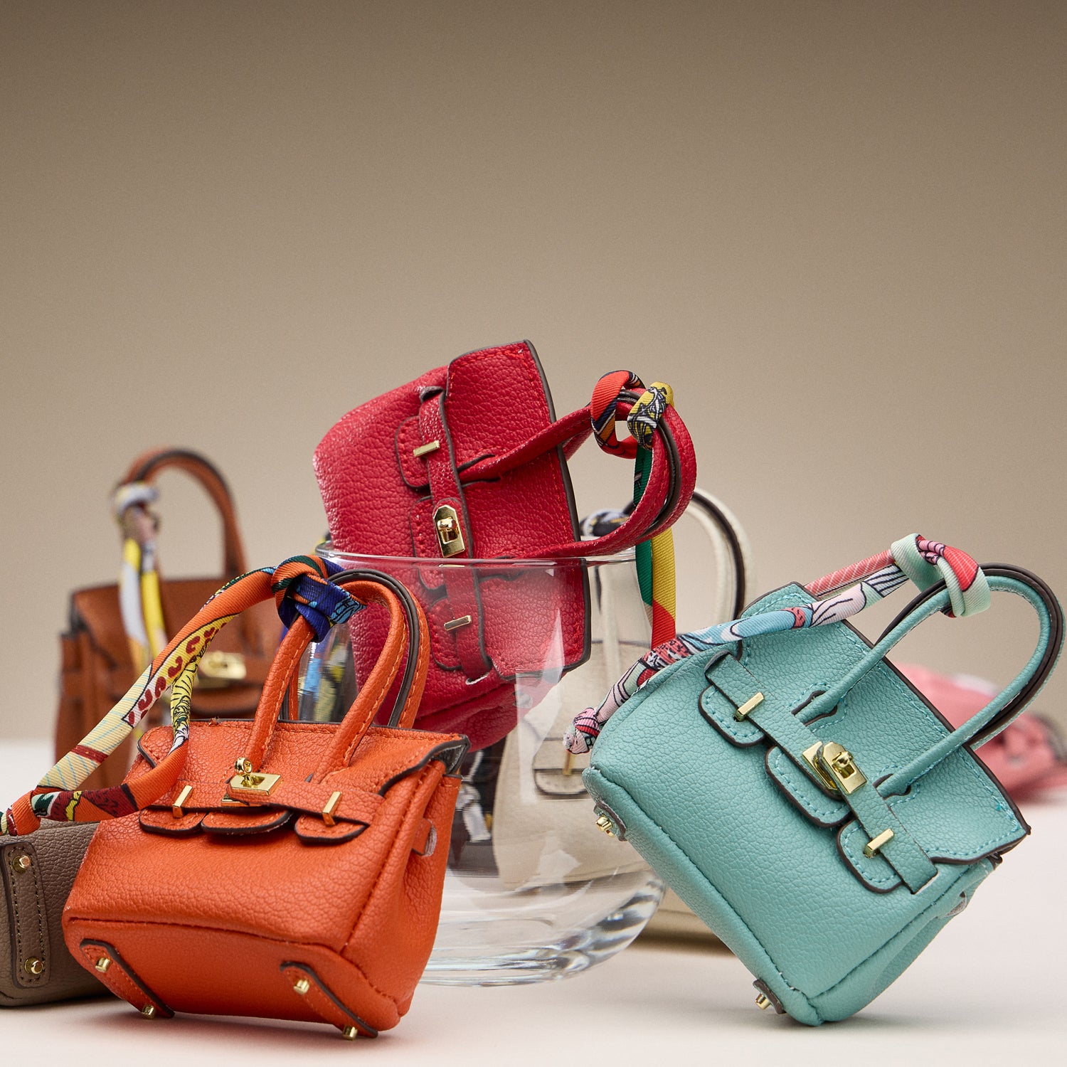 Mini Handbag Keychain Charm | Faux Leather Purse Keyring with Twilly Scarf