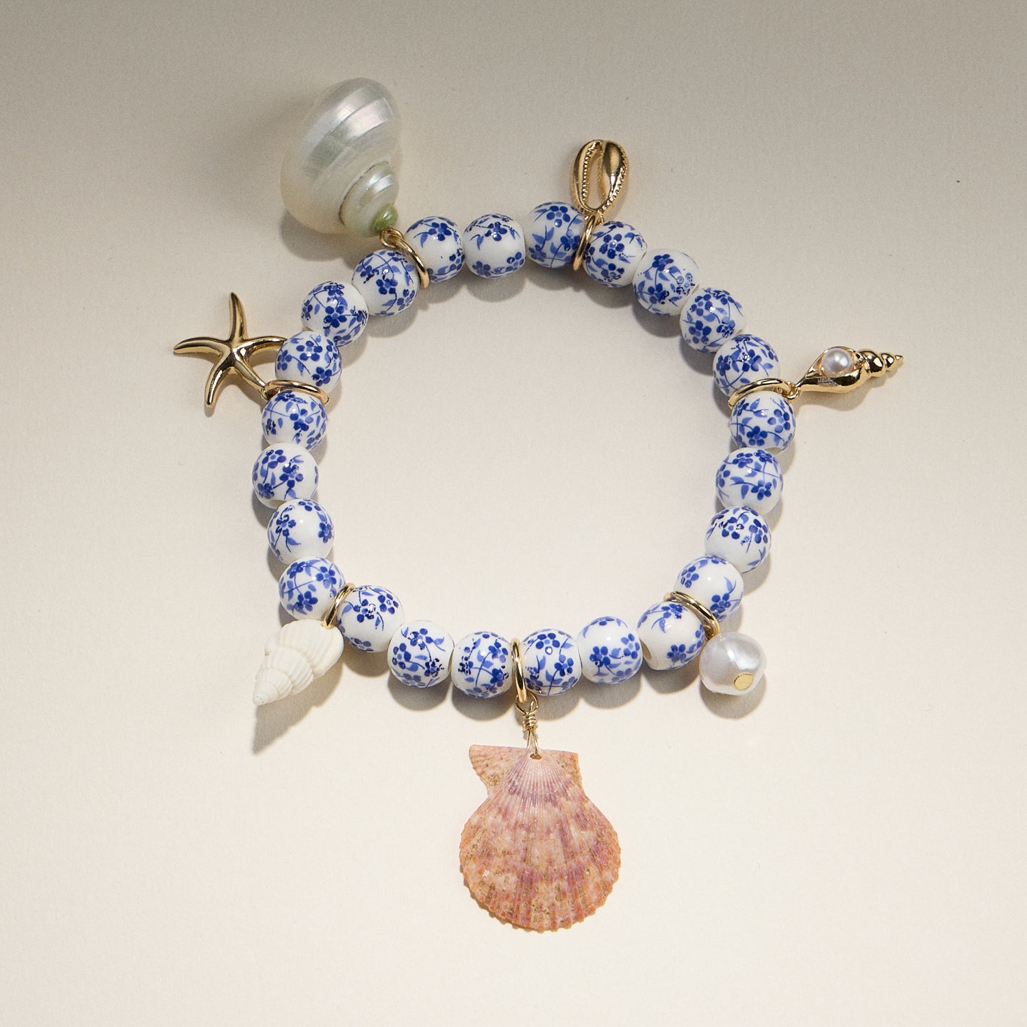 Seashell Charm Bracelet with Floral Beads