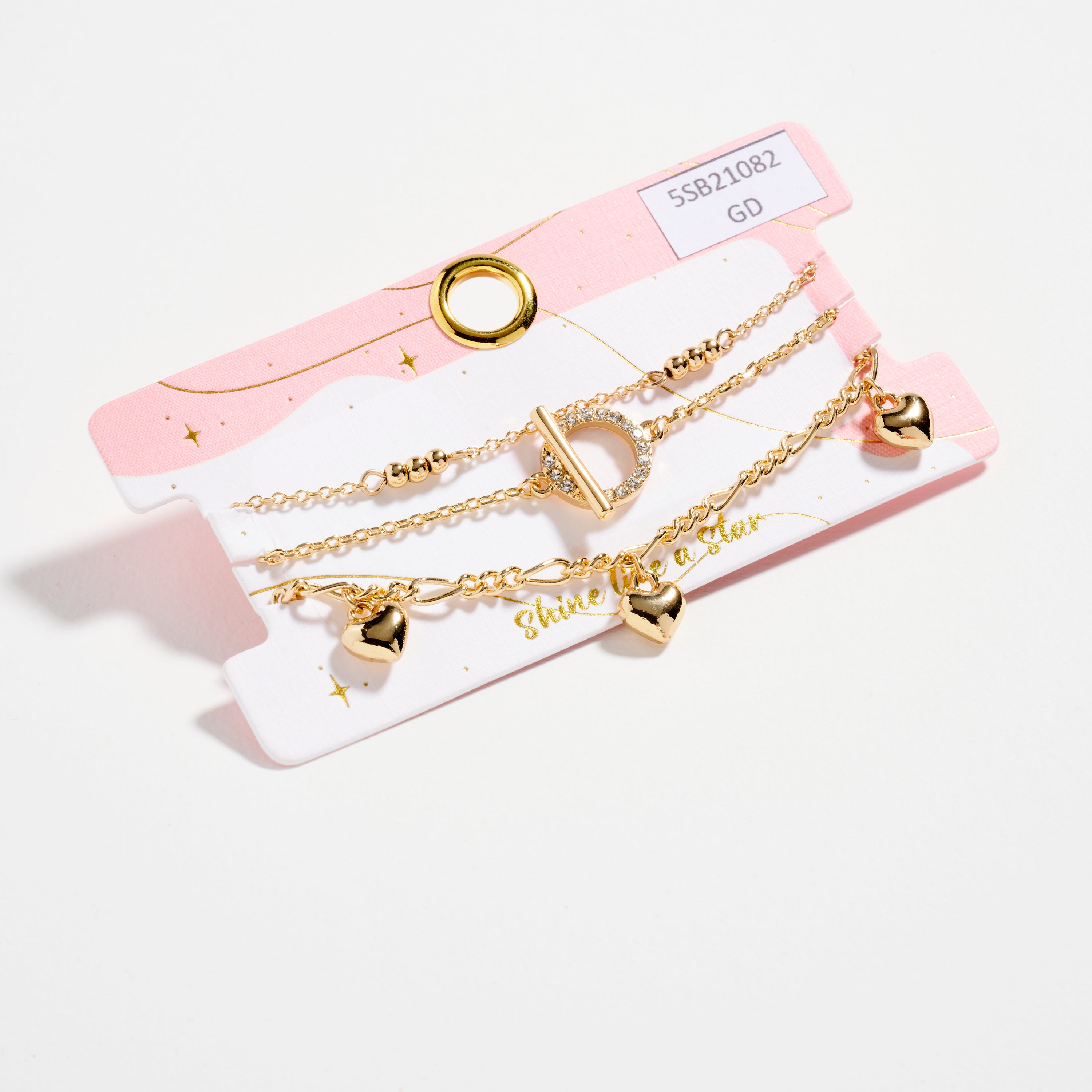 Gold Dipped Layered Heart Charm and Beaded Chain Bracelet Set – Toggle and Link Chain Design