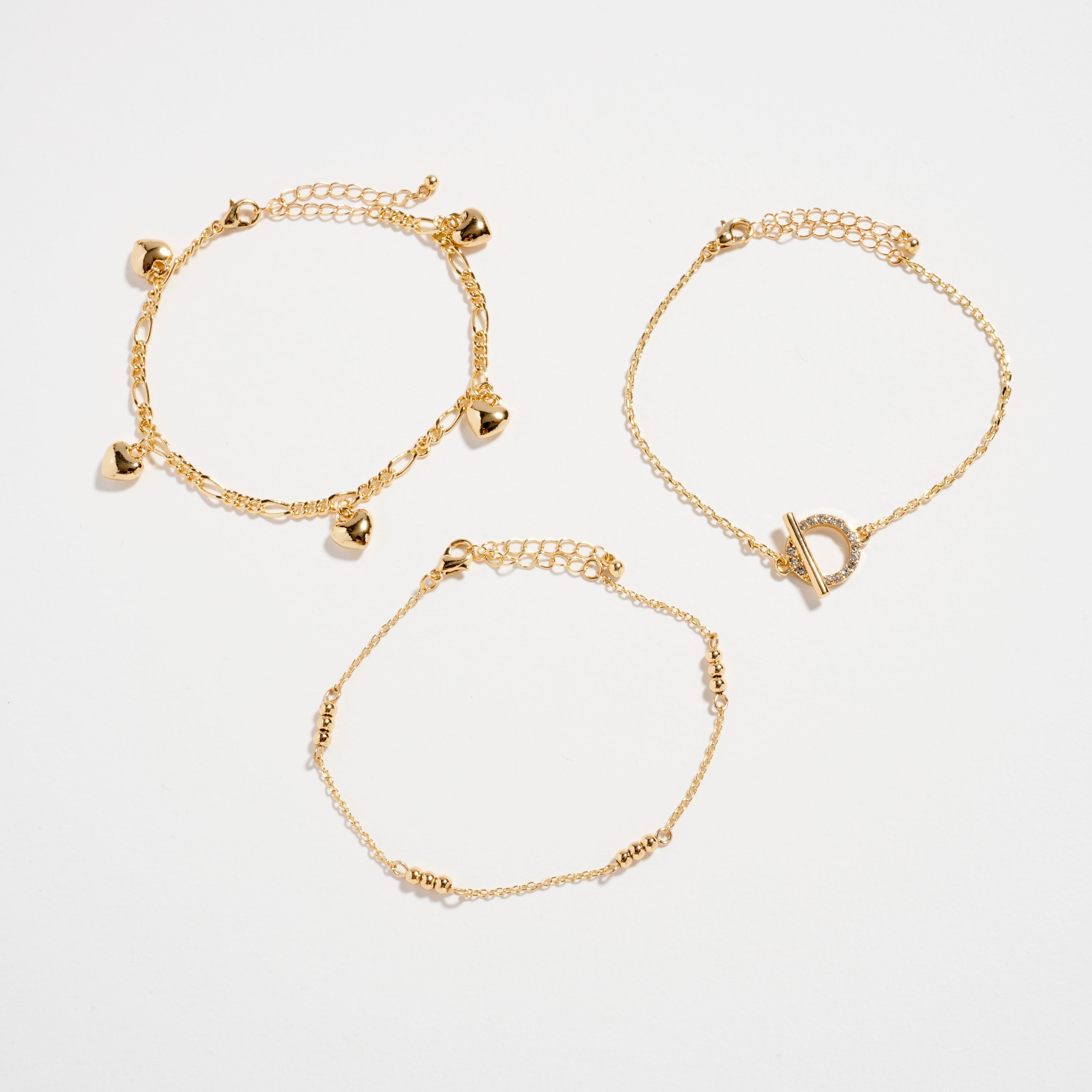 Gold Dipped Layered Heart Charm and Beaded Chain Bracelet Set – Toggle and Link Chain Design