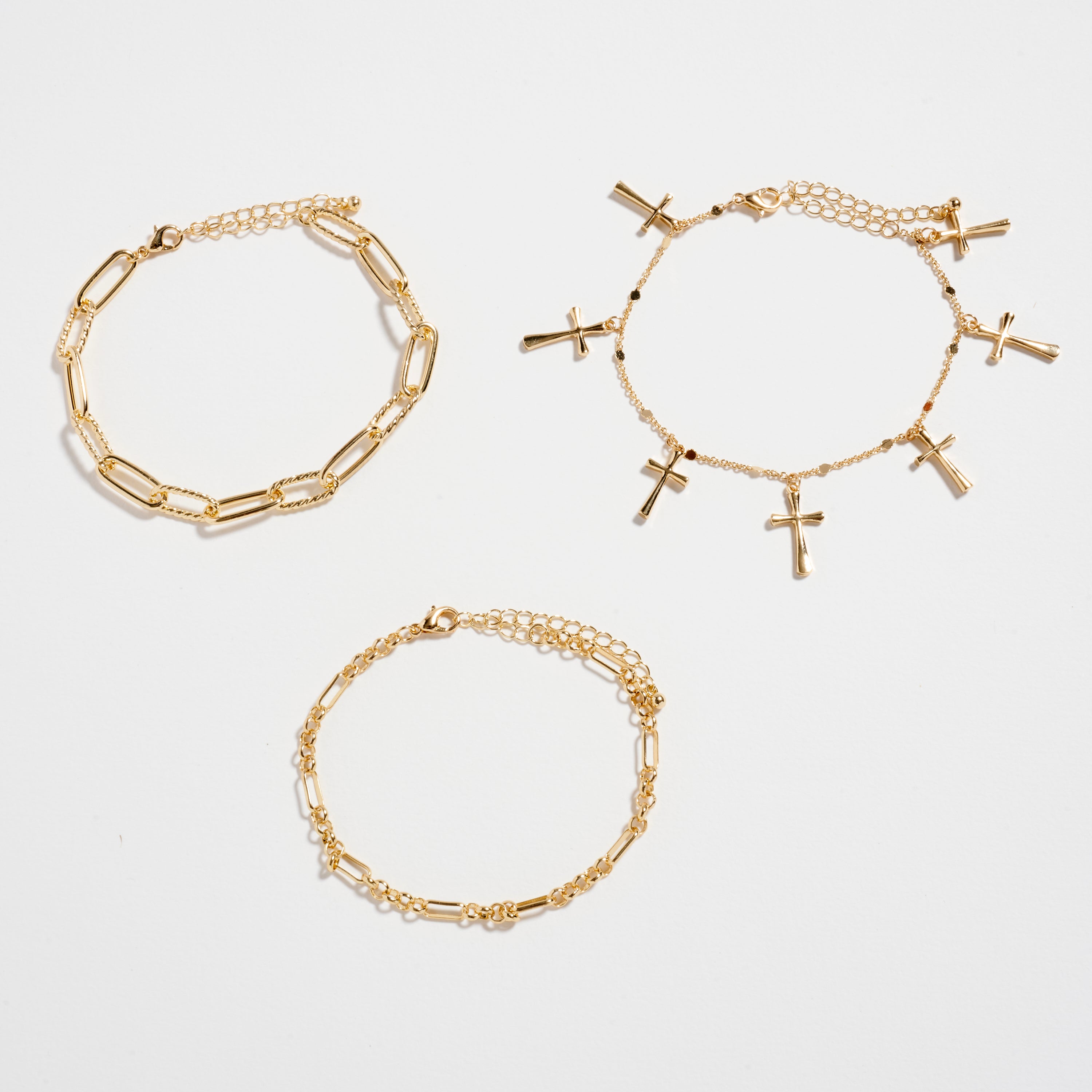 Multi-Chain Gold-Dipped Bracelet Set with Cross Details