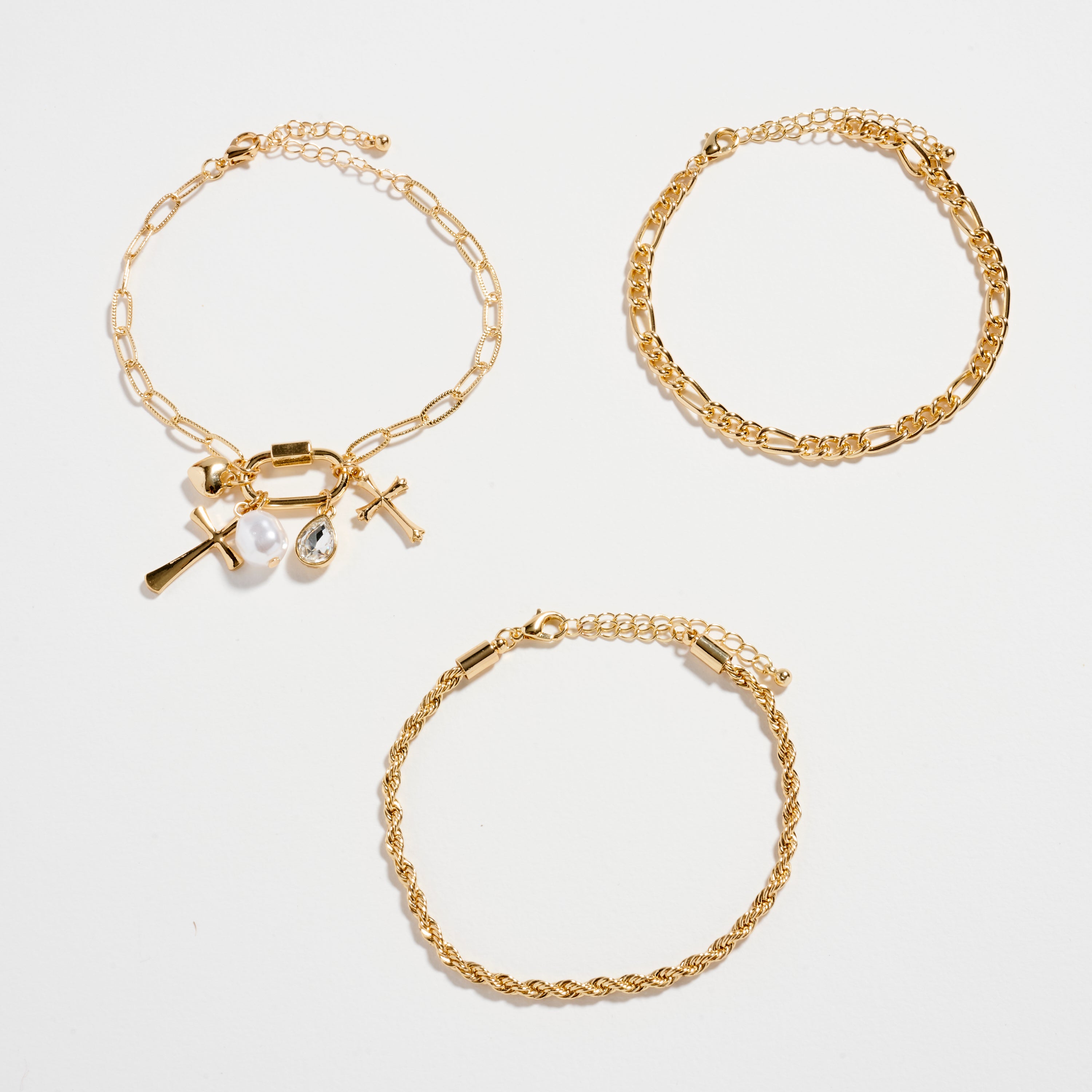 3-Piece Layered Chain Bracelet Set – Cross, Heart & Pearl Charms