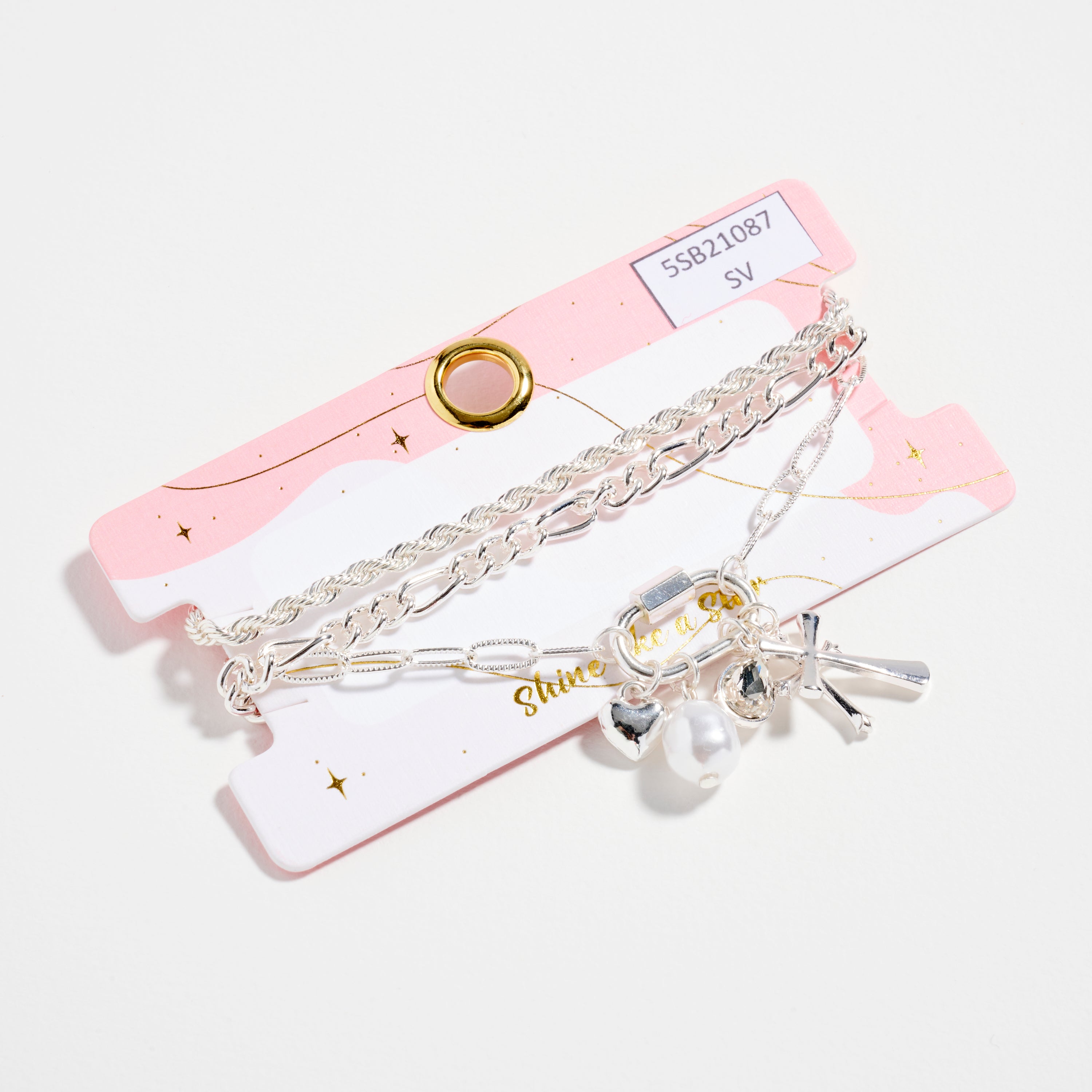 3-Piece Layered Chain Bracelet Set – Cross, Heart & Pearl Charms