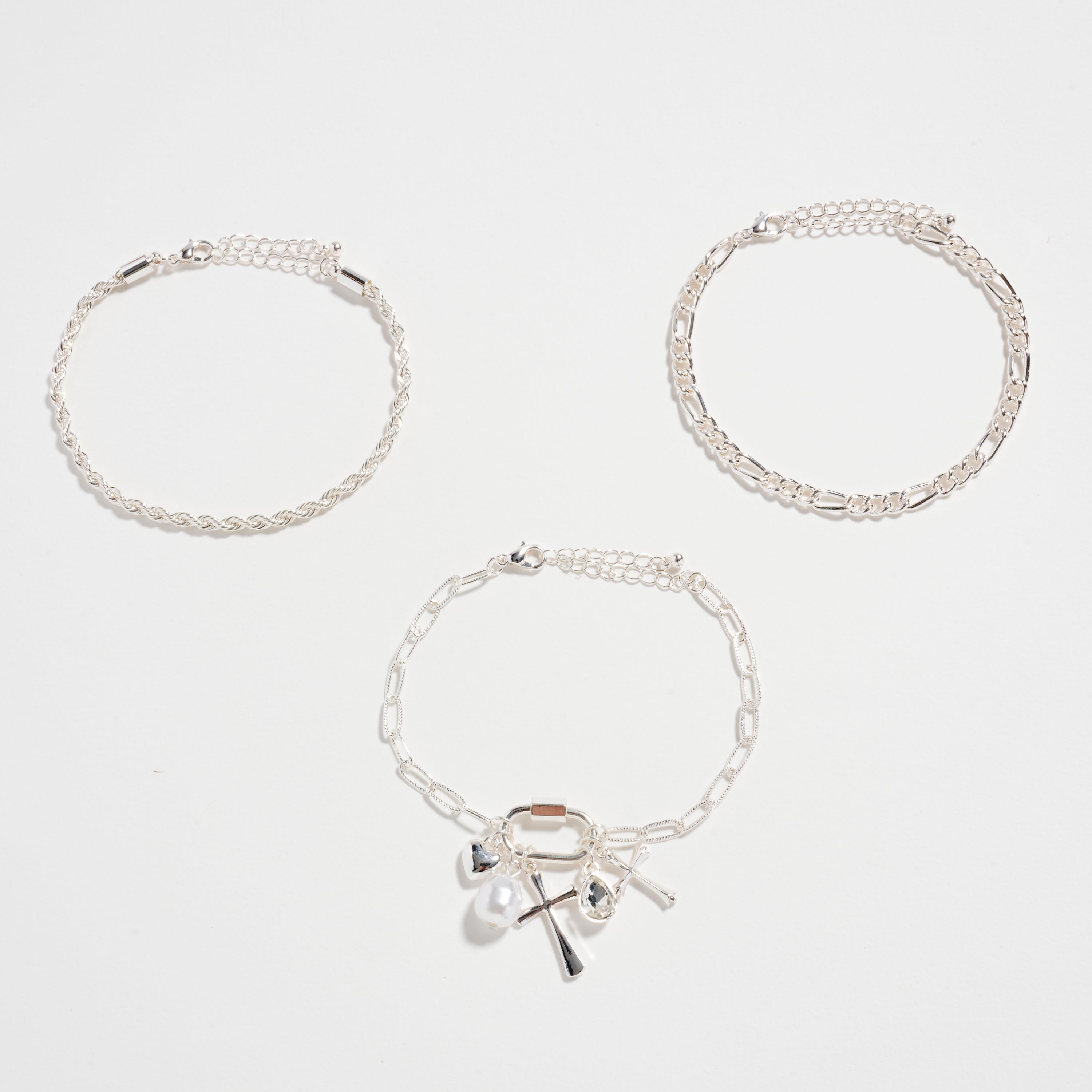 3-Piece Layered Chain Bracelet Set – Cross, Heart & Pearl Charms
