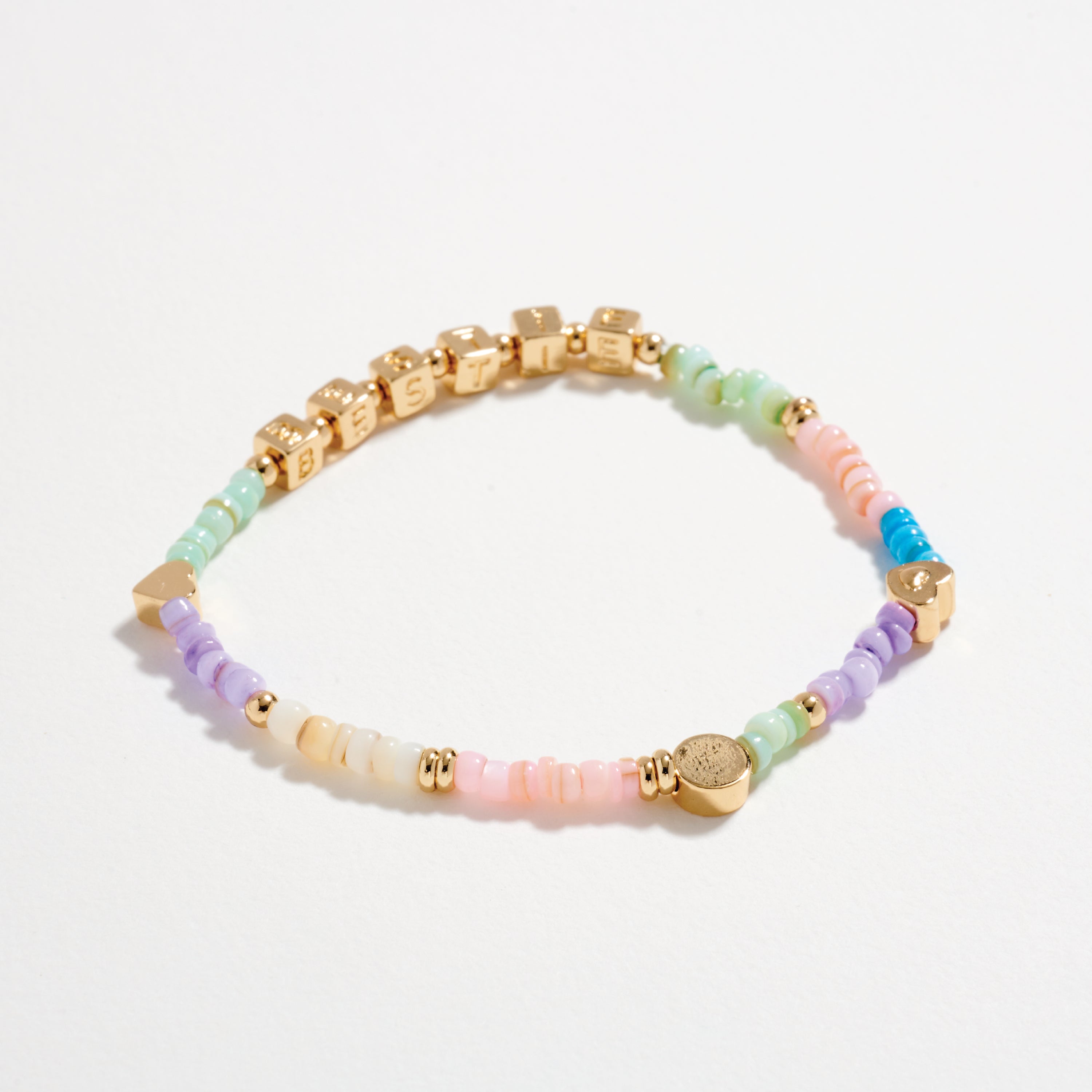 Beaded “Bestie” Bracelet with Gold Letter Cubes & Heart Accents – Friendship Stretch Bracelet