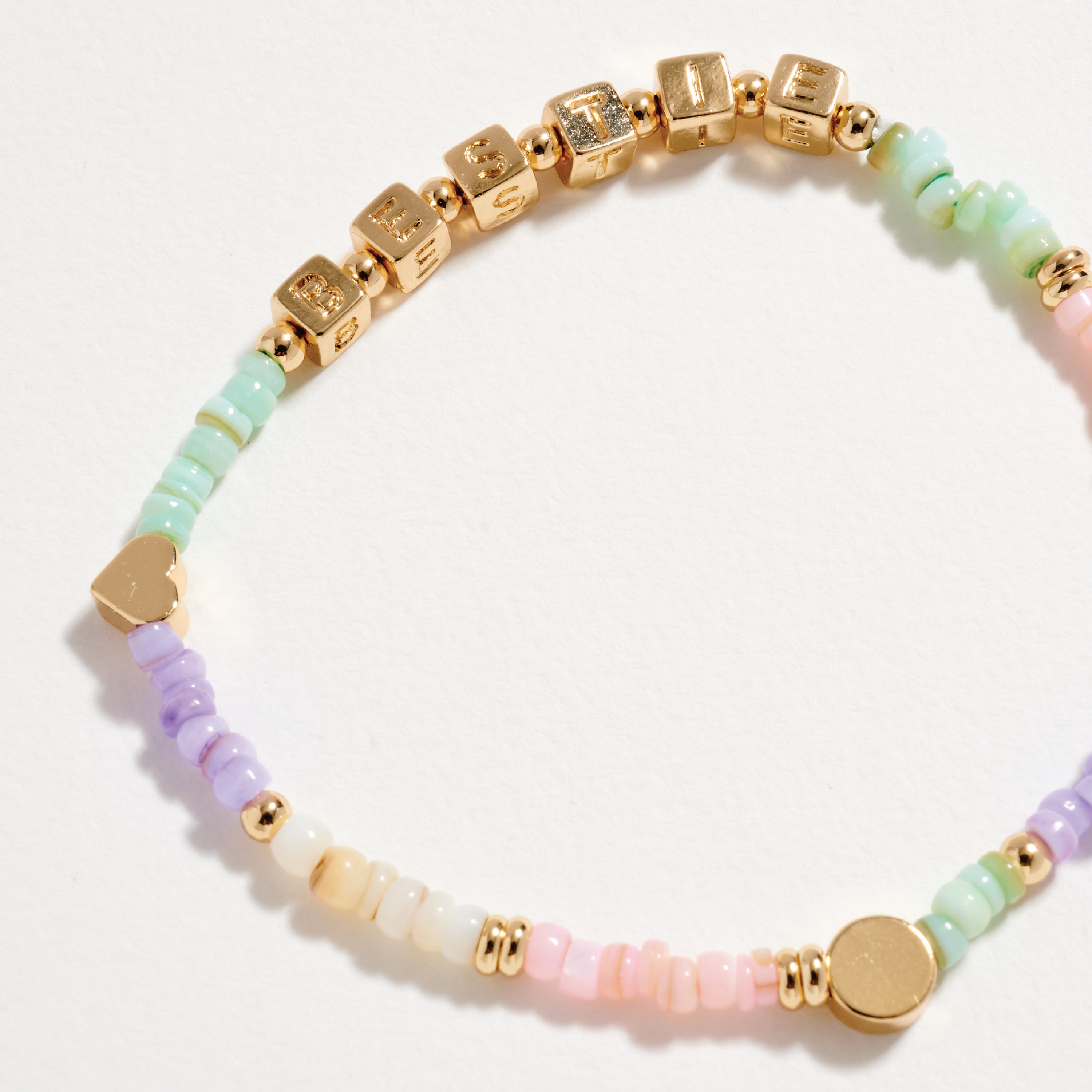 Beaded “Bestie” Bracelet with Gold Letter Cubes & Heart Accents – Friendship Stretch Bracelet