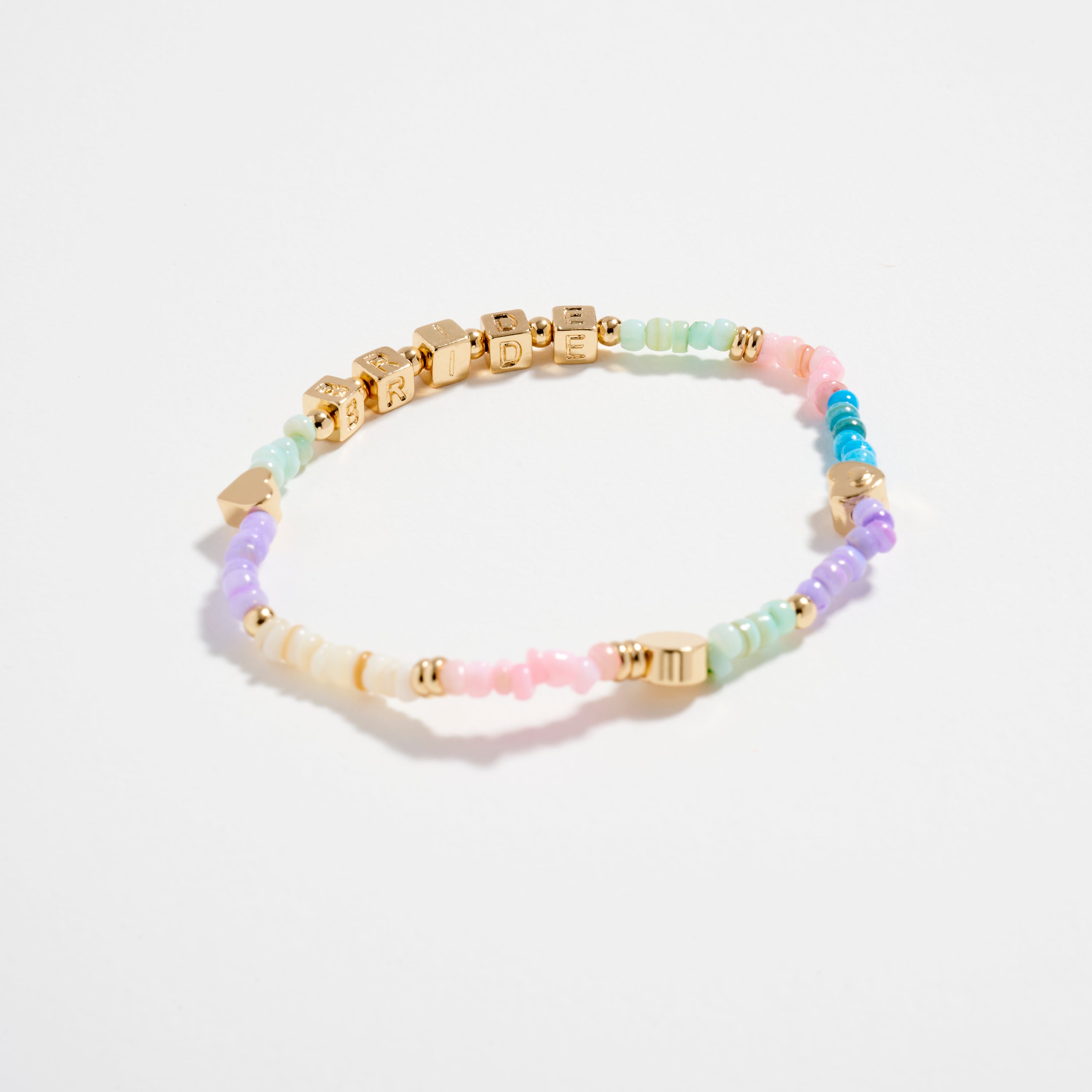 Beaded “Bride” Bracelet with Gold Letter Cubes & Heart Accents – Wedding Party Stretch Bracelet