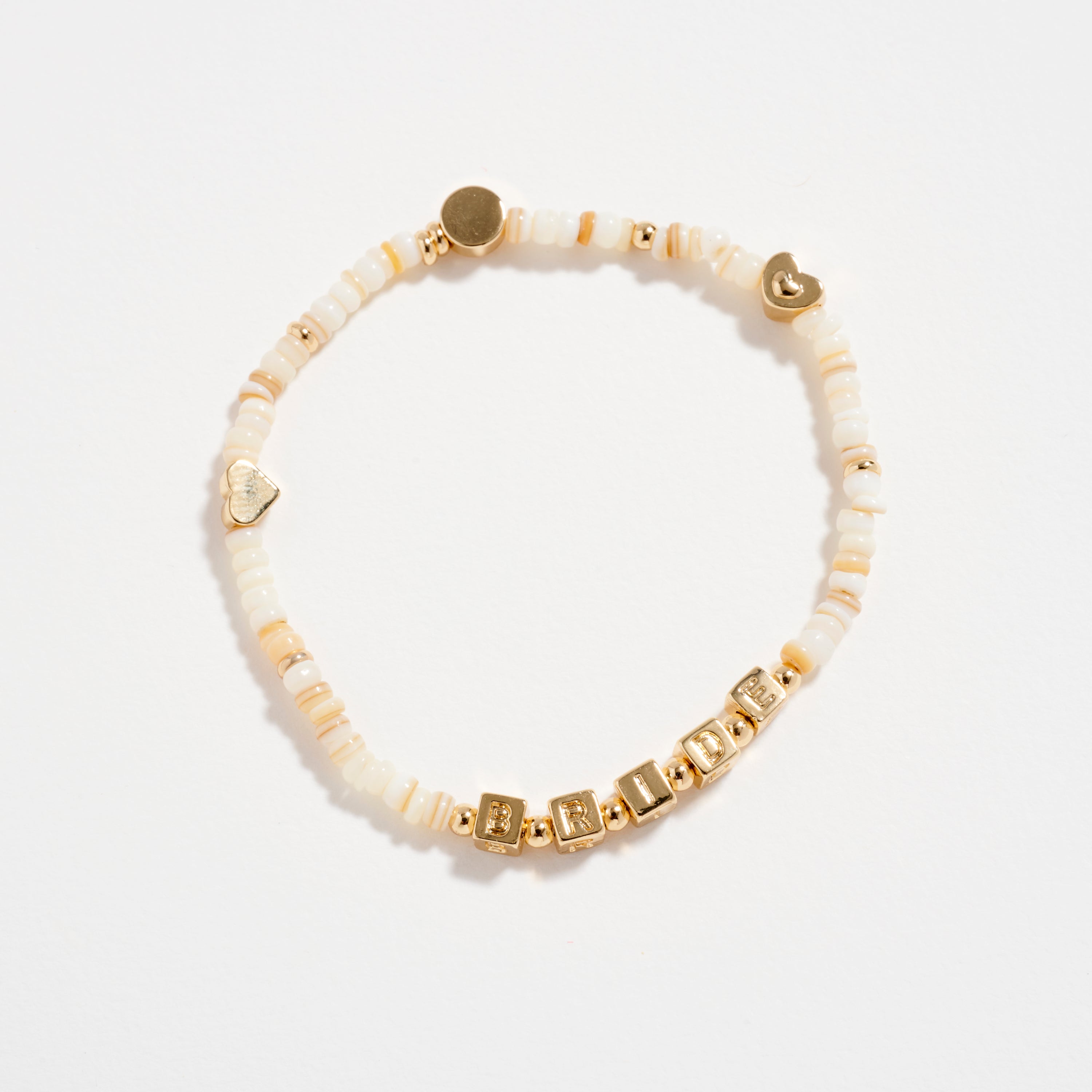 Beaded “Bride” Bracelet with Gold Letter Cubes & Heart Accents – Wedding Party Stretch Bracelet