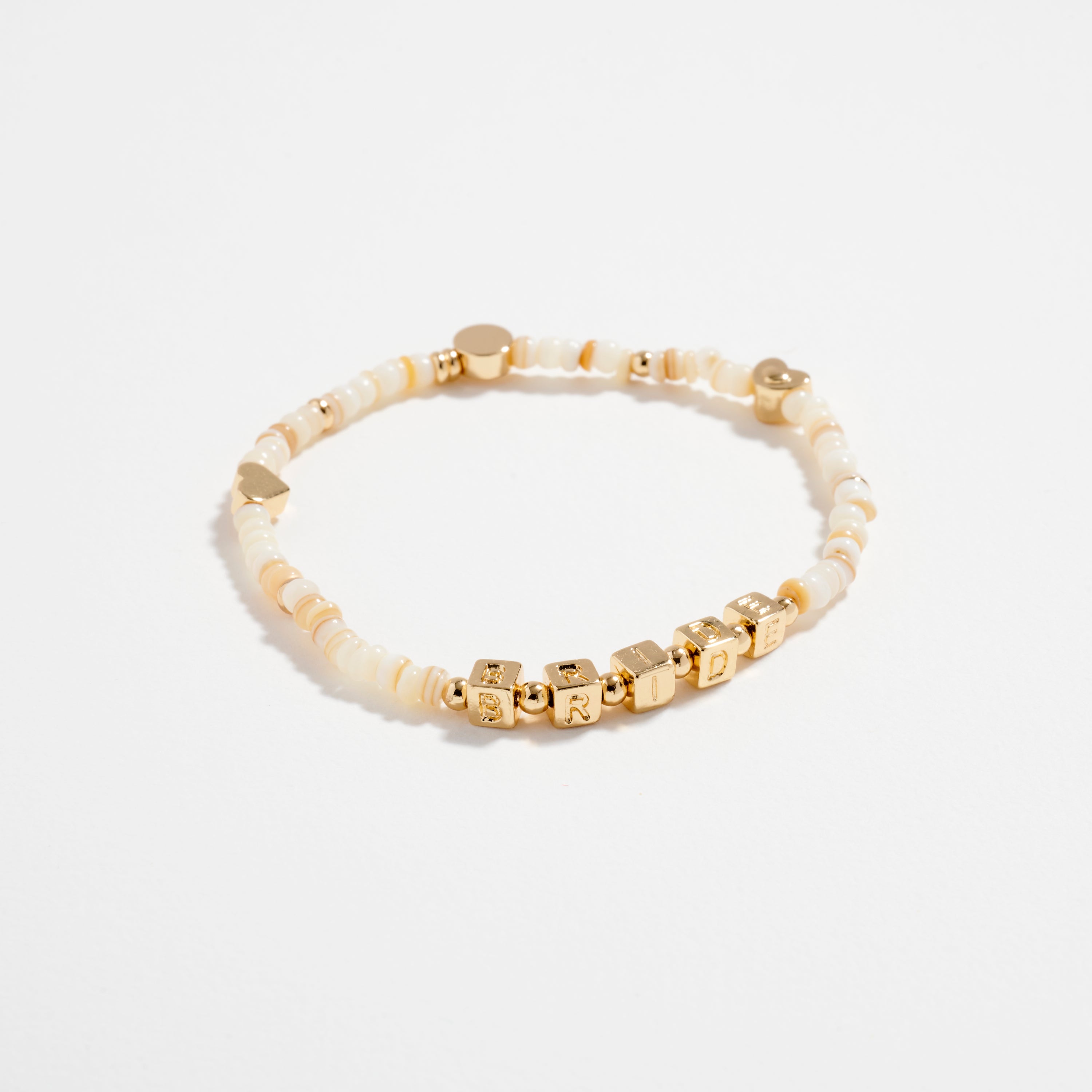 Beaded “Bride” Bracelet with Gold Letter Cubes & Heart Accents – Wedding Party Stretch Bracelet