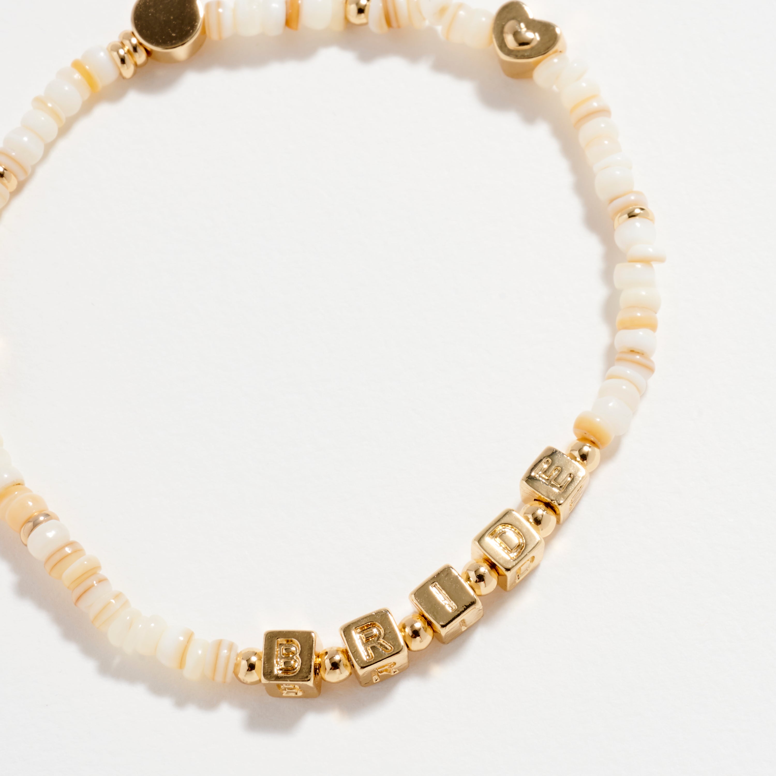 Beaded “Bride” Bracelet with Gold Letter Cubes & Heart Accents – Wedding Party Stretch Bracelet