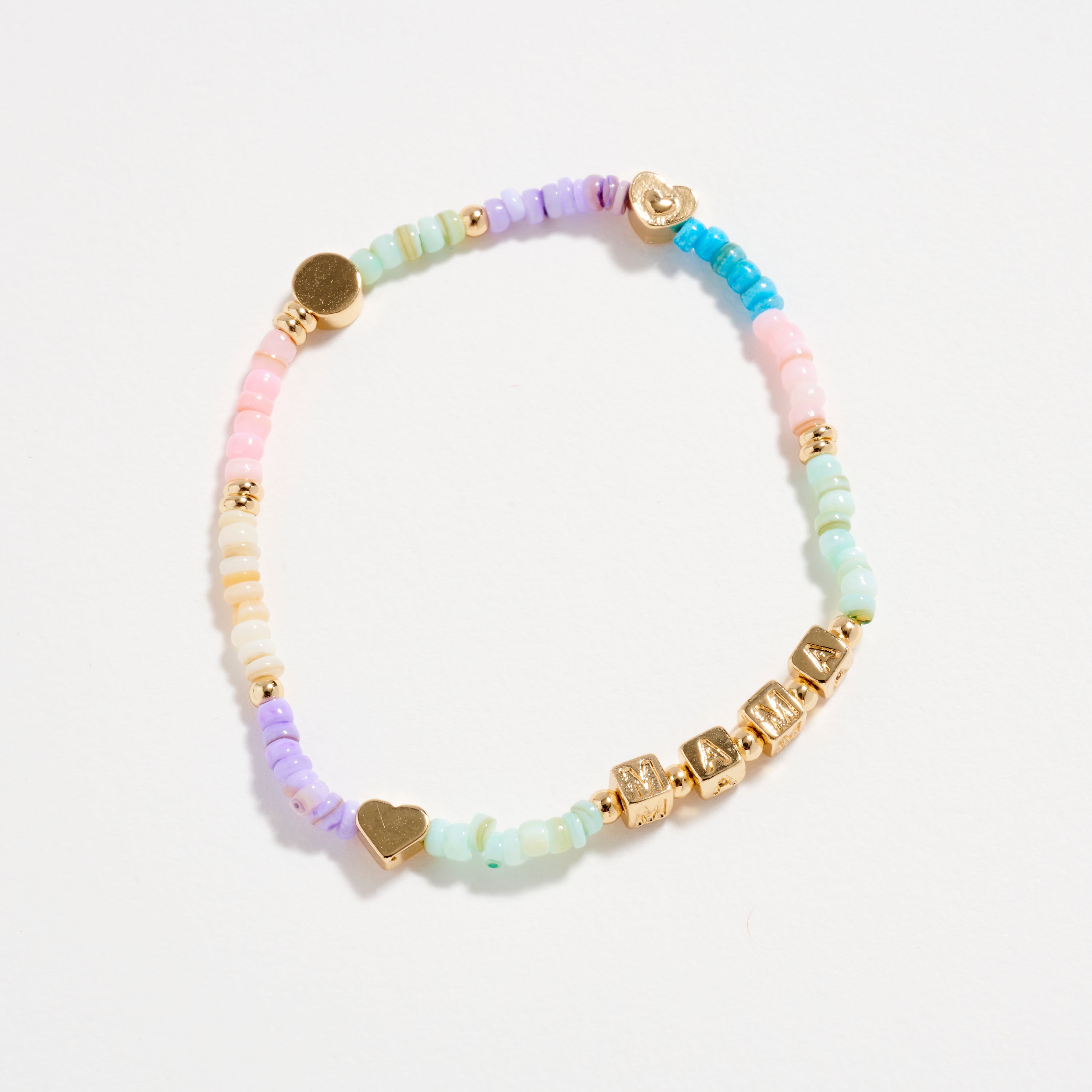 Beaded “Mama” Bracelet with Gold Letter Cubes & Heart Accents – Mother’s Day Stretch Bracelet