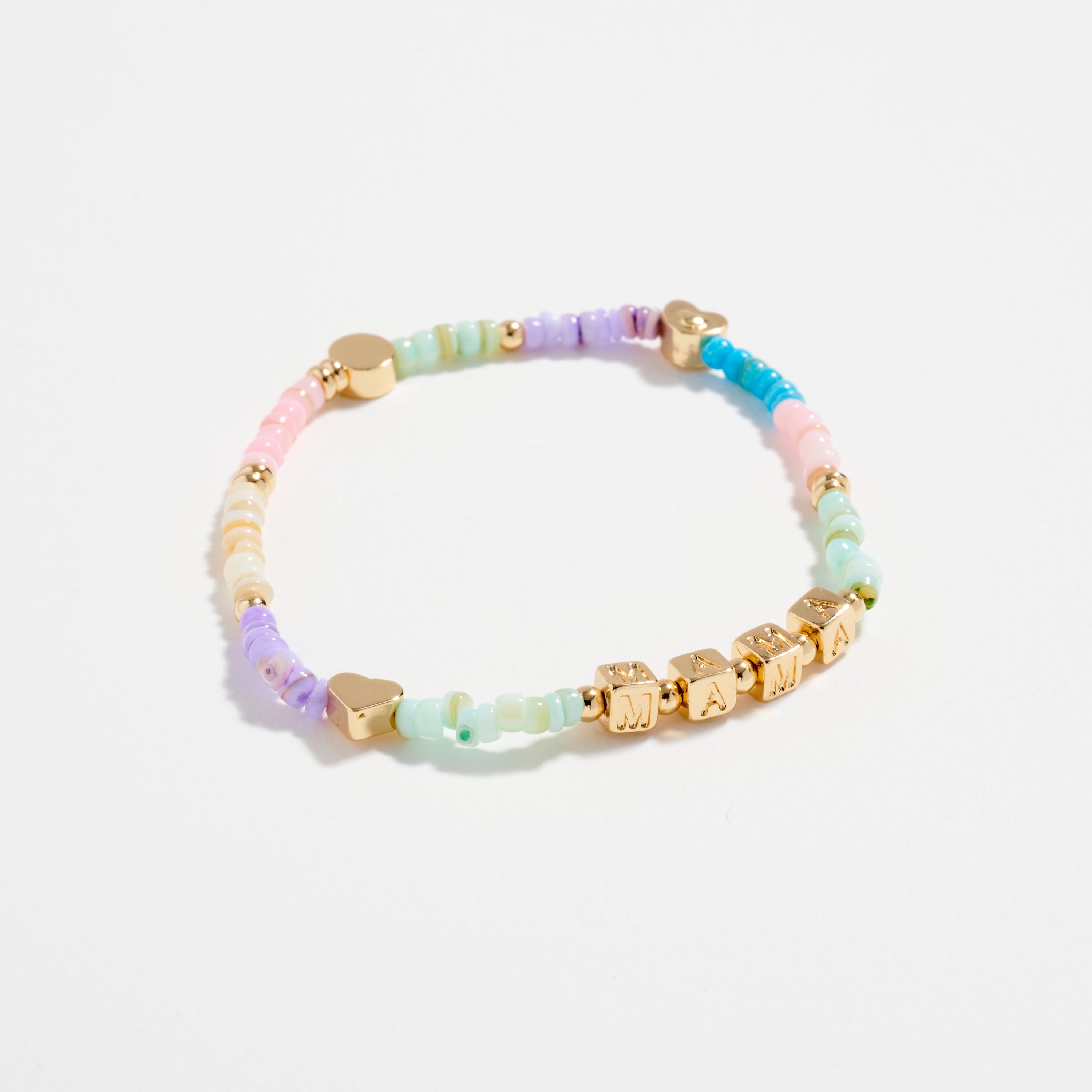 Beaded “Mama” Bracelet with Gold Letter Cubes & Heart Accents – Mother’s Day Stretch Bracelet