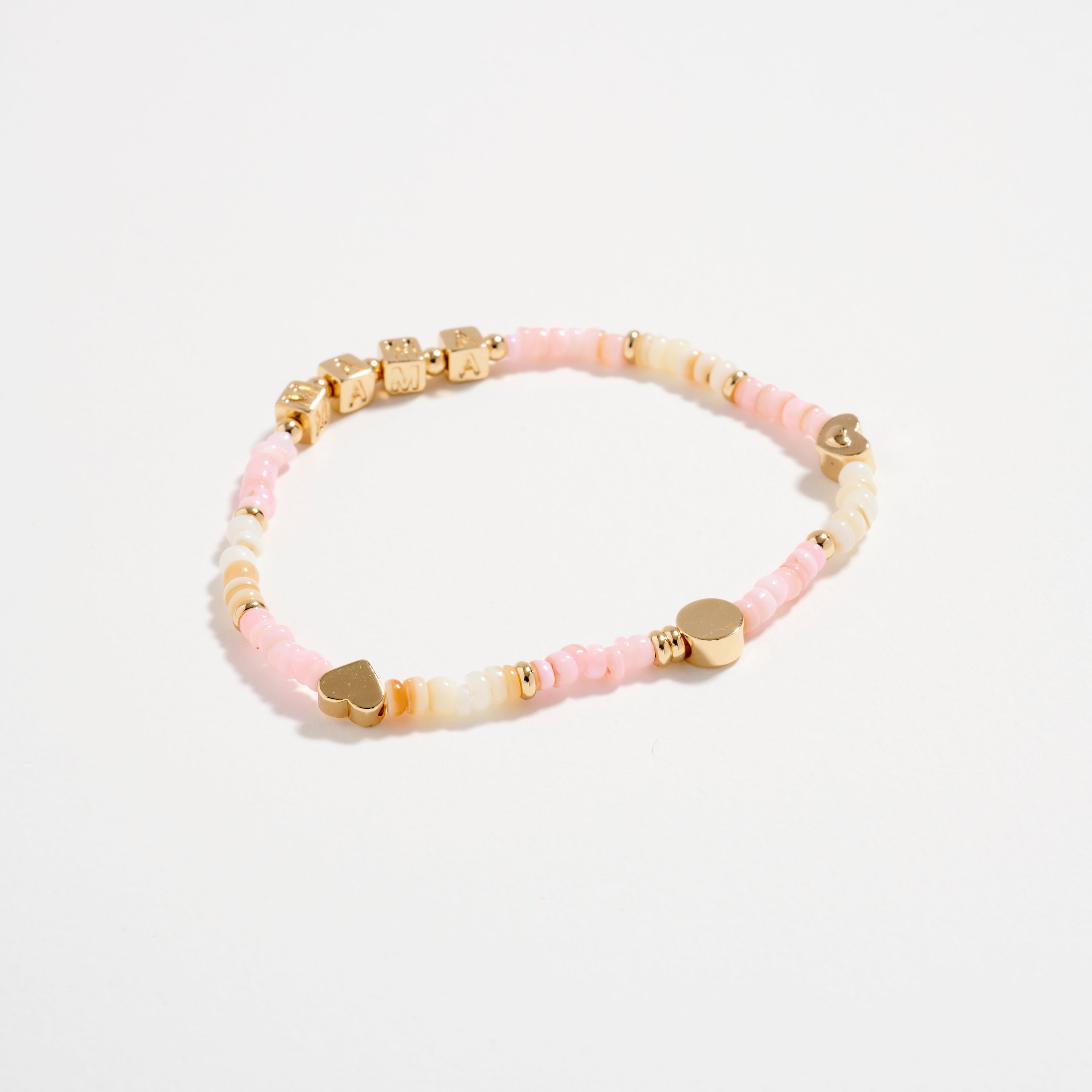 Beaded “Mama” Bracelet with Gold Letter Cubes & Heart Accents – Mother’s Day Stretch Bracelet