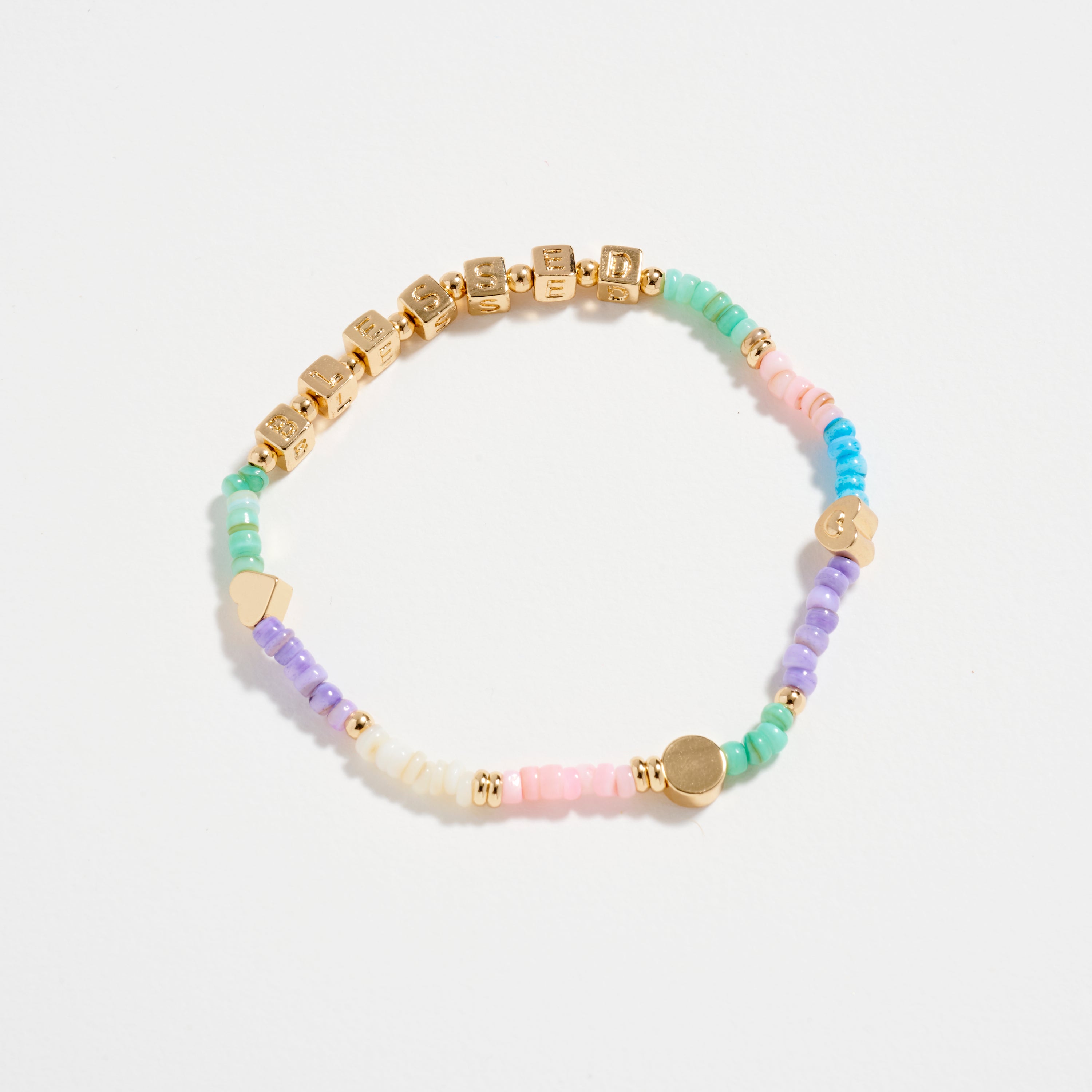 Beaded “Blessed” Bracelet with Gold Letter Cubes & Heart Accents – Inspirational Stretch Bracelet