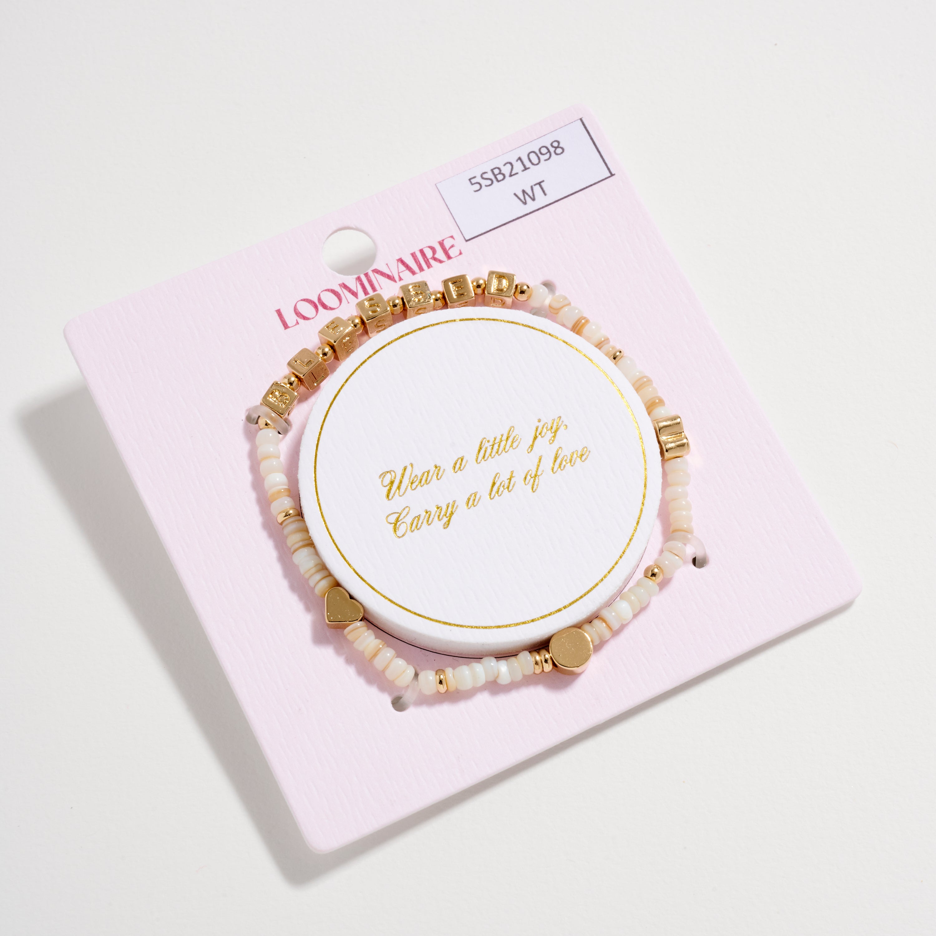 Gold Dipped Beaded “Blessed” Bracelet with Gold Letter Cubes & Heart Accents – Inspirational Stretch Bracelet