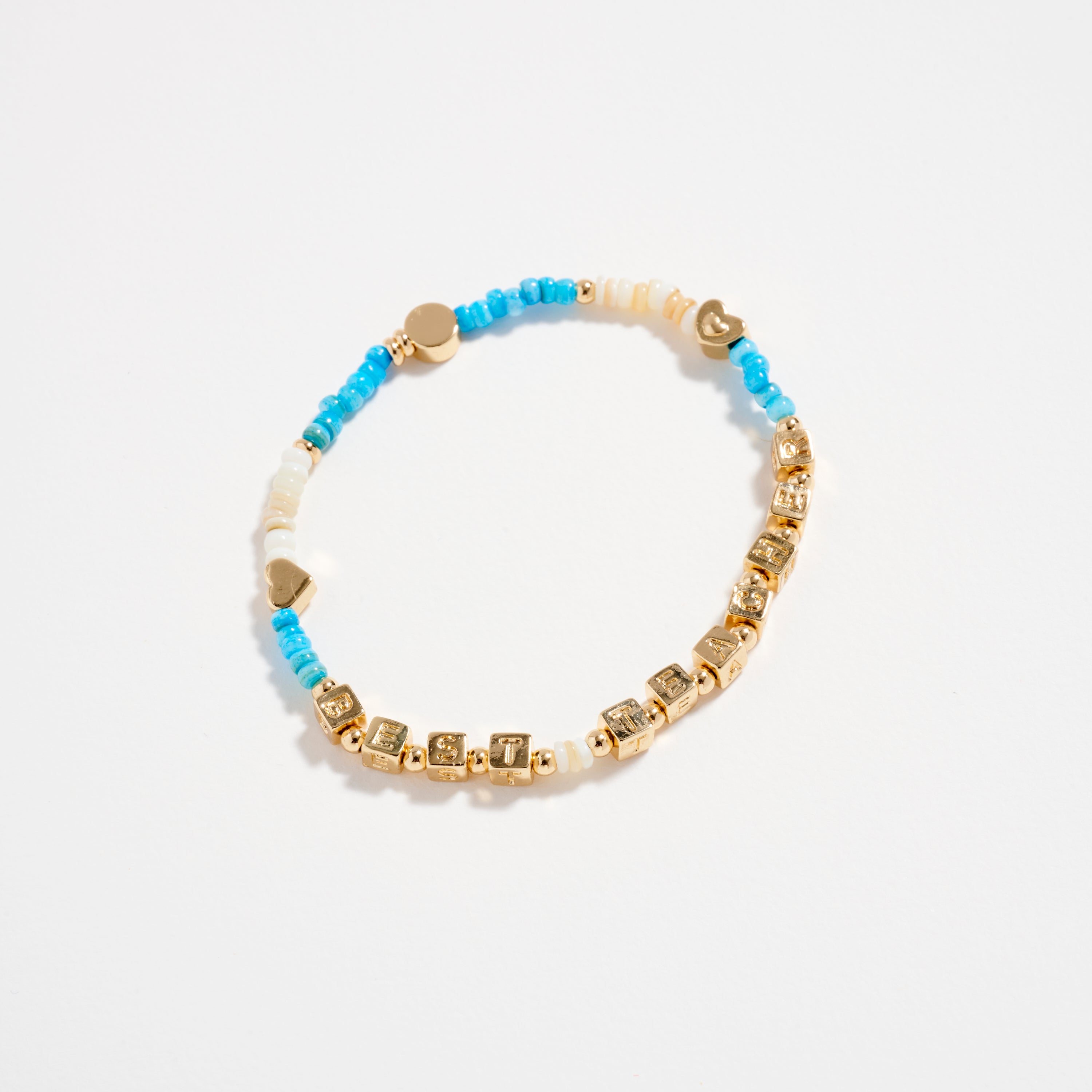 Beaded “Best Teacher” Bracelet with Gold Letter Cubes & Heart Accents – Appreciation Stretch Bracelet
