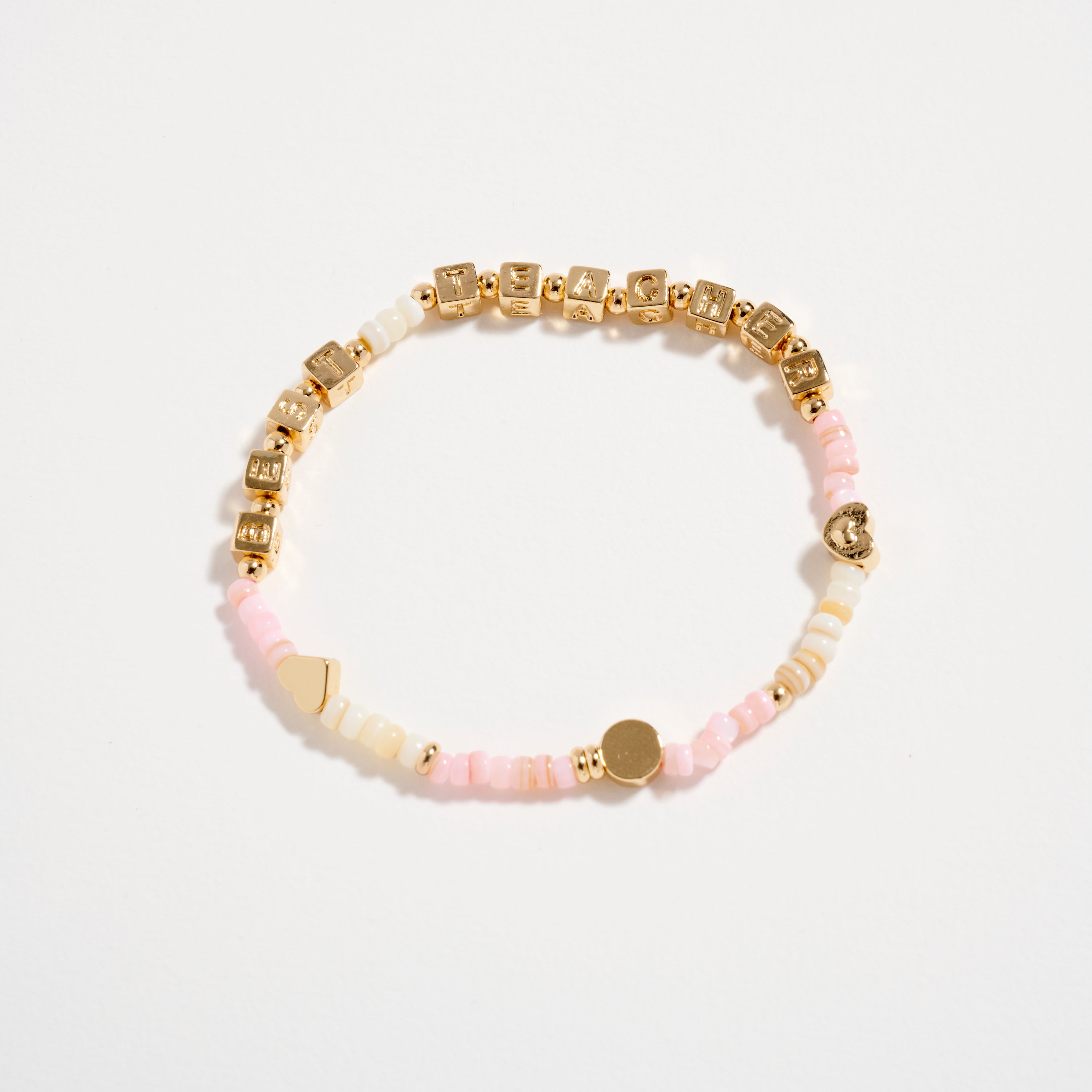Beaded “Best Teacher” Bracelet with Gold Letter Cubes & Heart Accents – Appreciation Stretch Bracelet