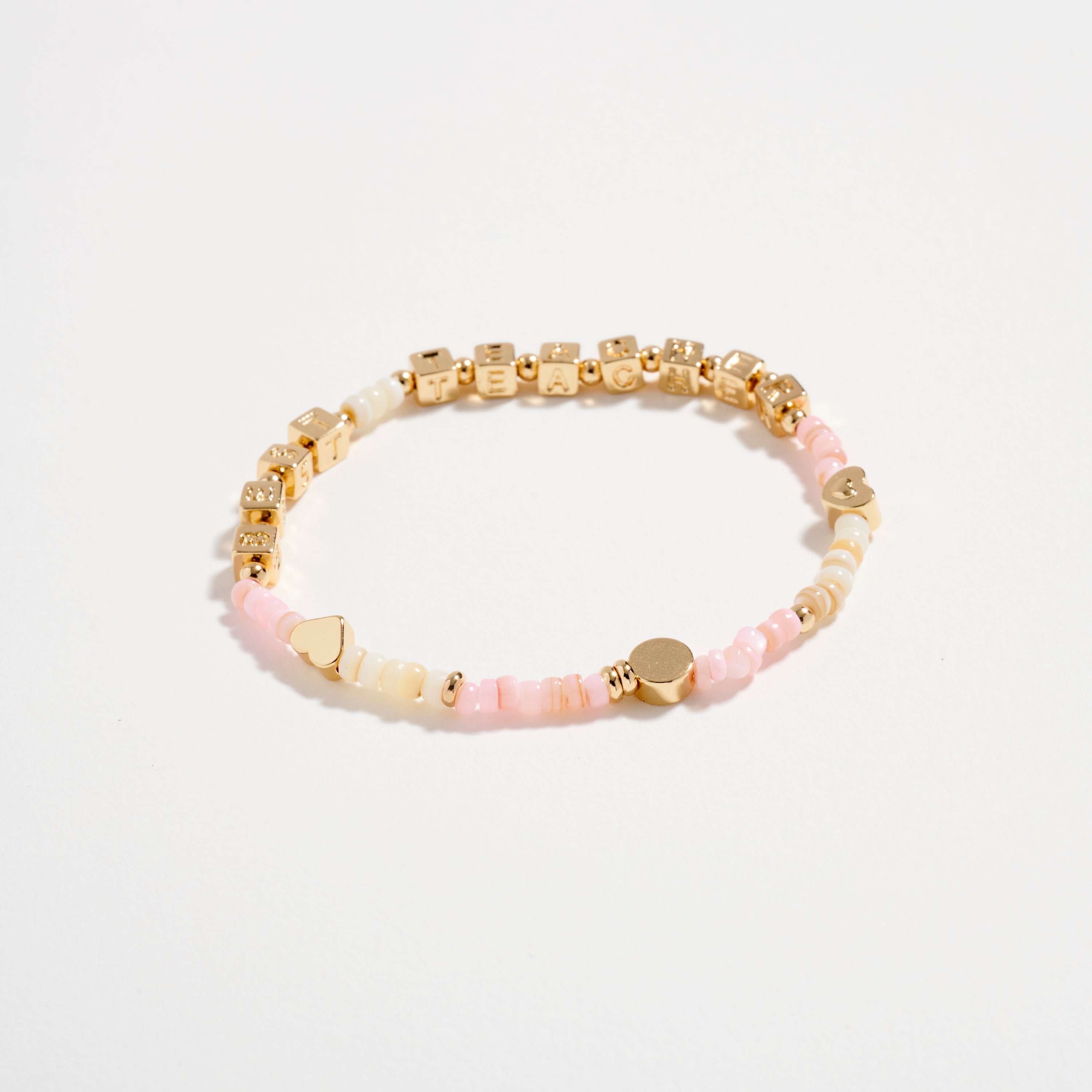 Beaded “Best Teacher” Bracelet with Gold Letter Cubes & Heart Accents – Appreciation Stretch Bracelet