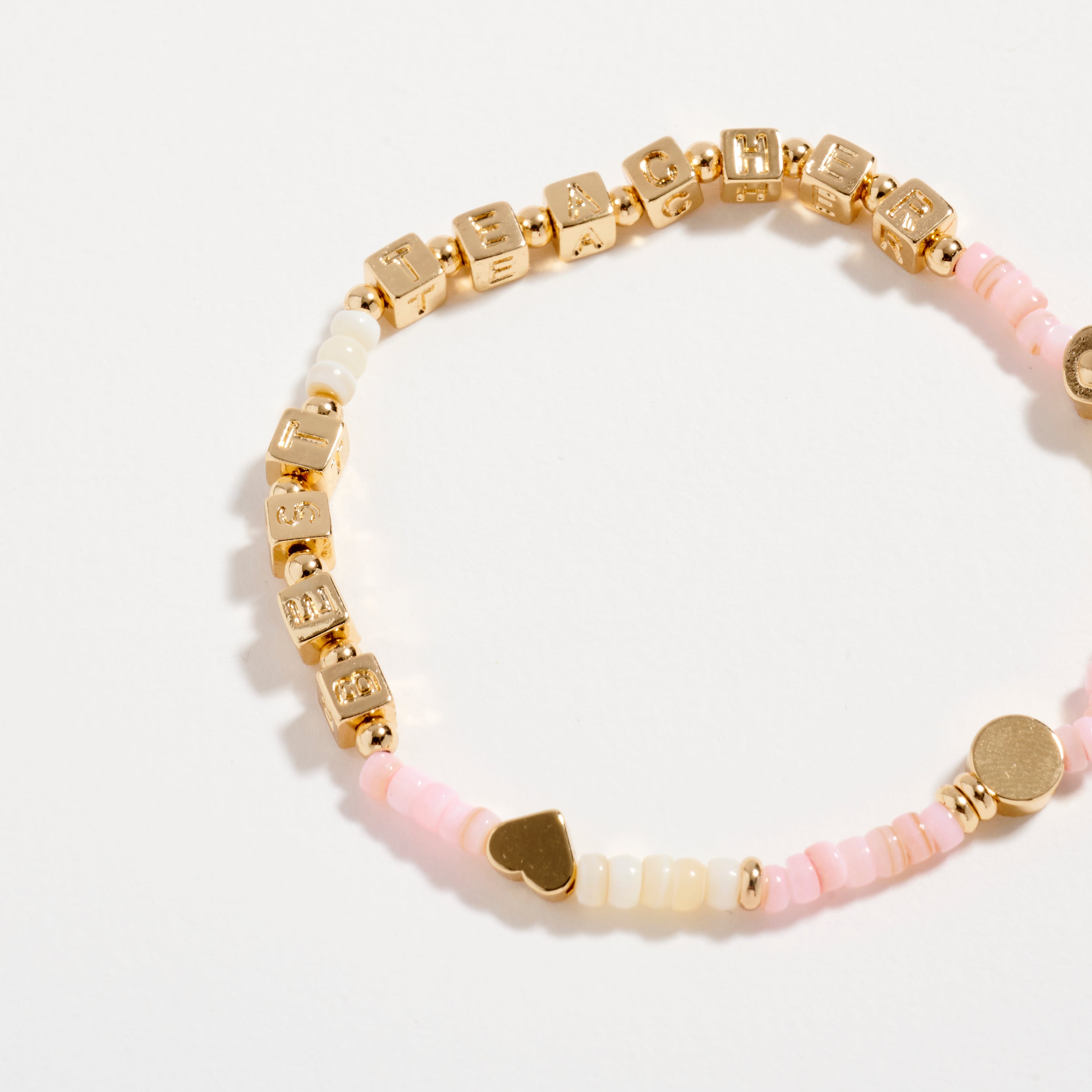 Beaded “Best Teacher” Bracelet with Gold Letter Cubes & Heart Accents – Appreciation Stretch Bracelet