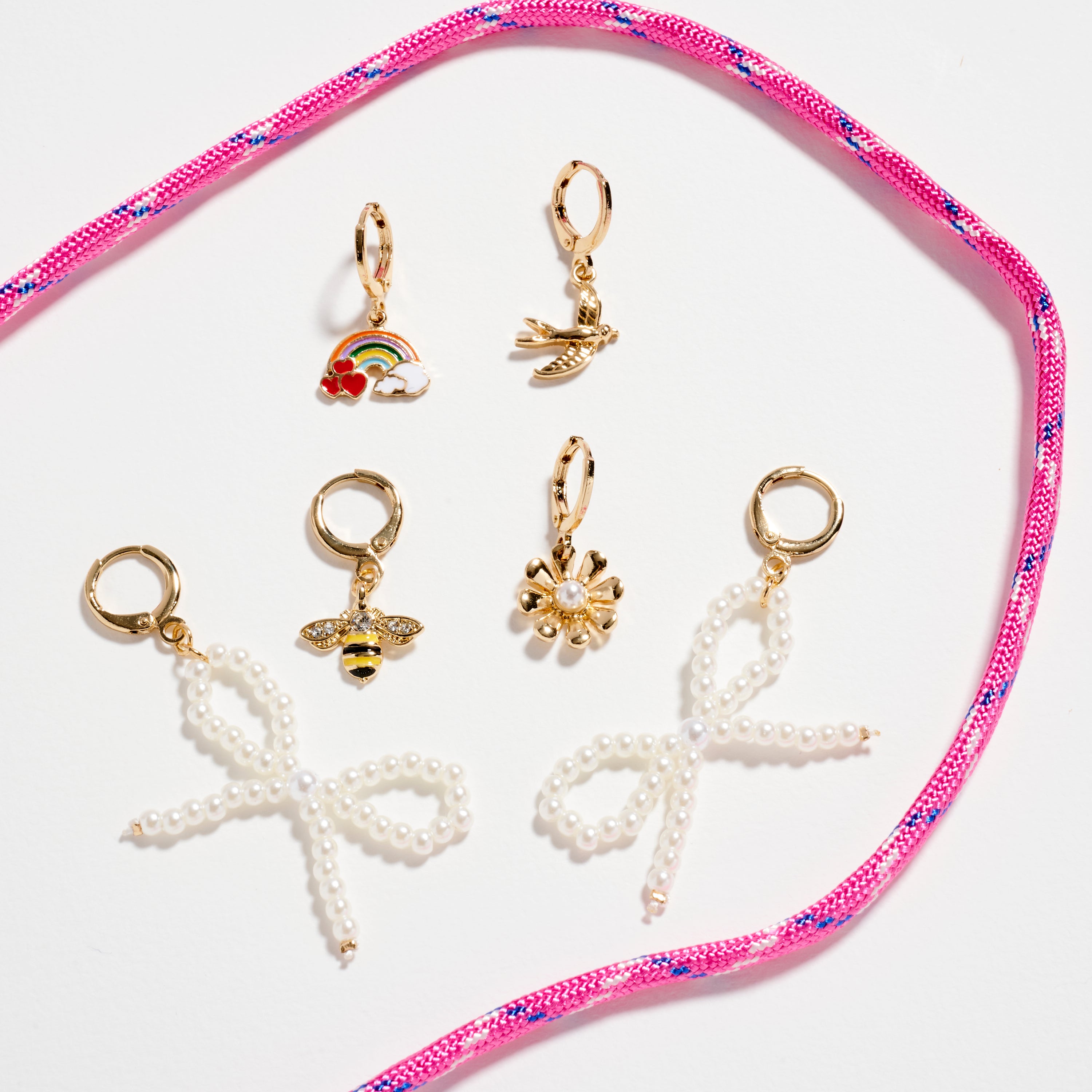 Colorful Shoelace Charm Set – Rainbow, Pearl Bow & Bee Accents with Pink Lace