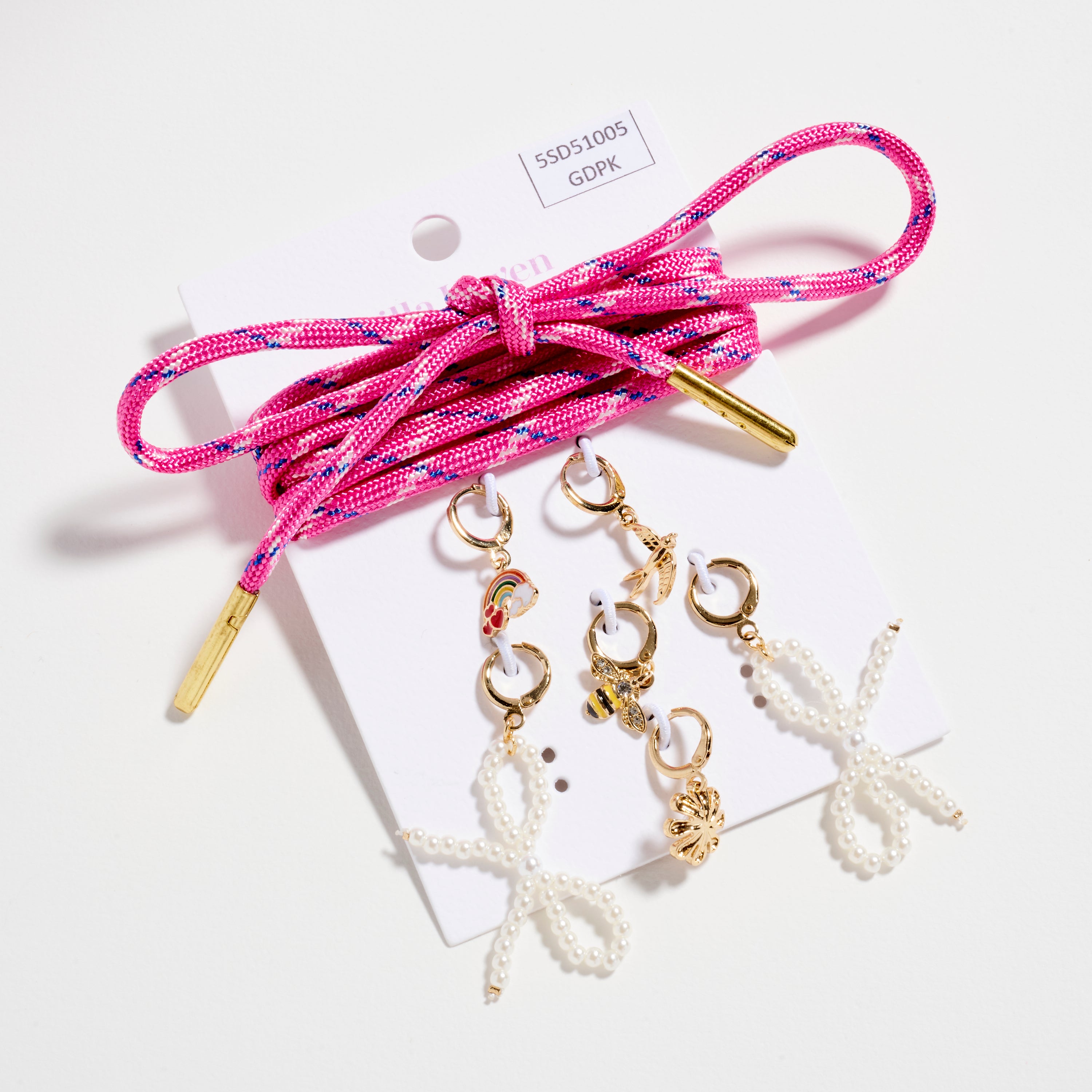 Colorful Shoelace Charm Set – Rainbow, Pearl Bow & Bee Accents with Pink Lace