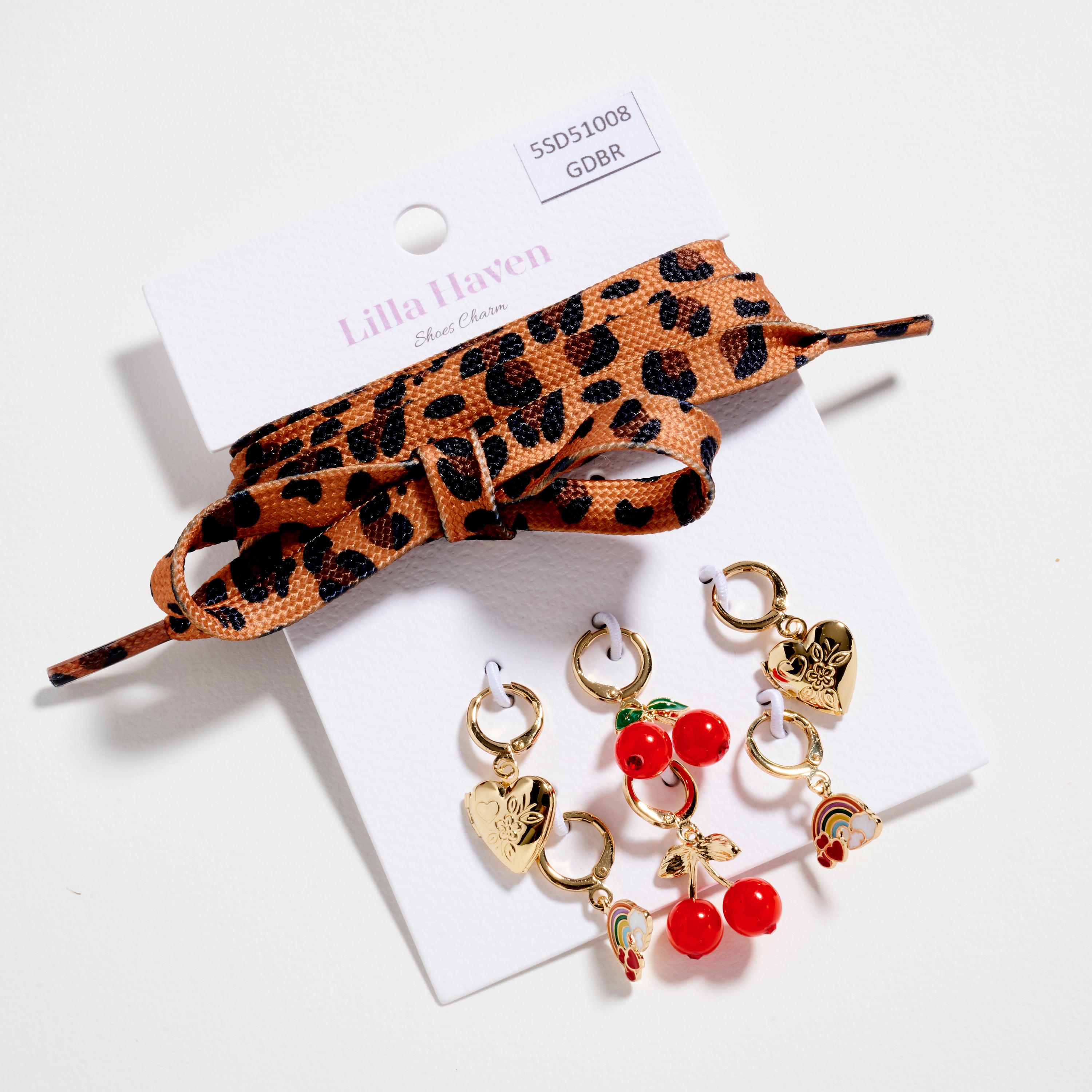 Leopard Shoelace Charm Set – Gold Heart, Cherry & Rainbow Charms