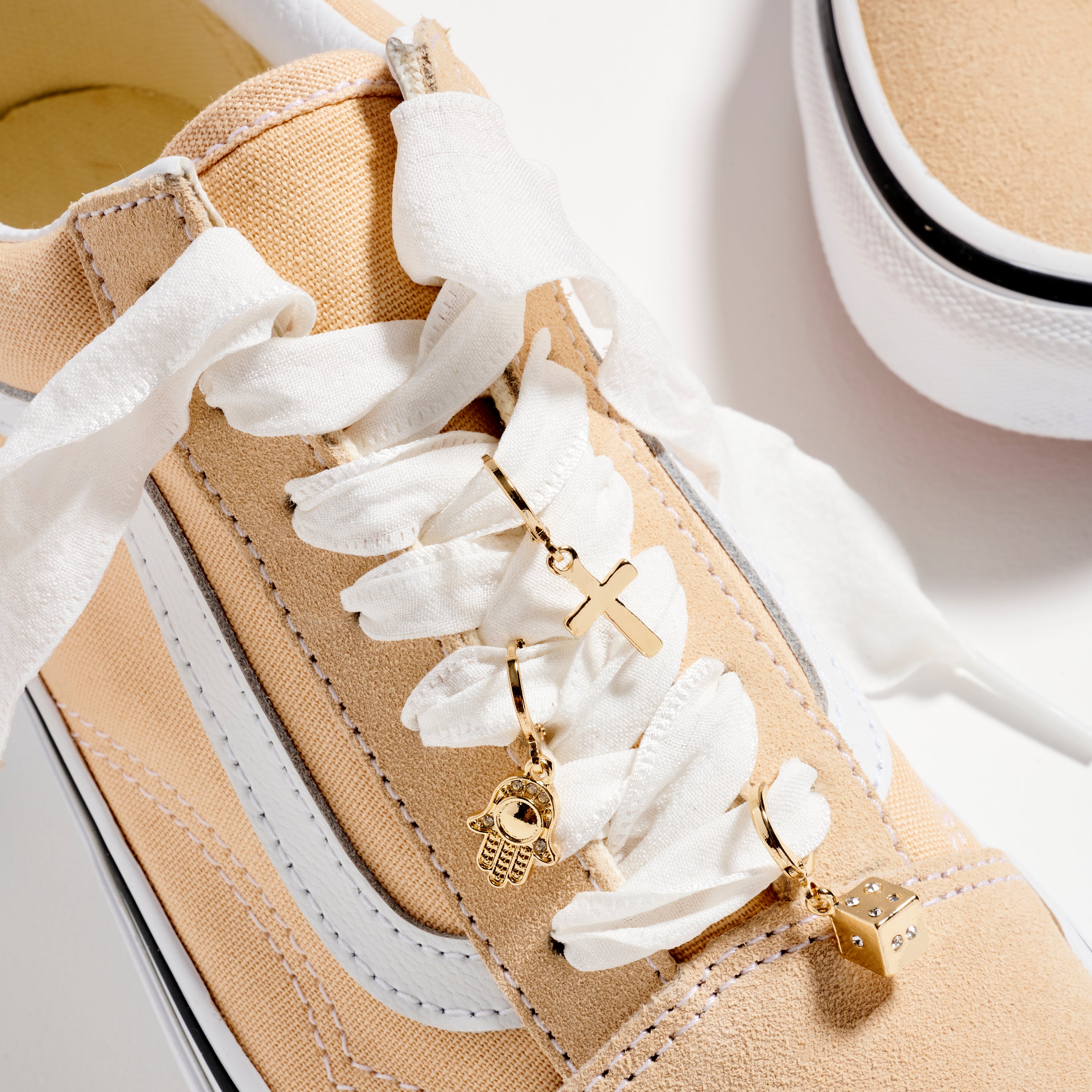 Gold Shoe Charm Set with Symbolic Pendants – Lucky Icons & White Ribbon Laces