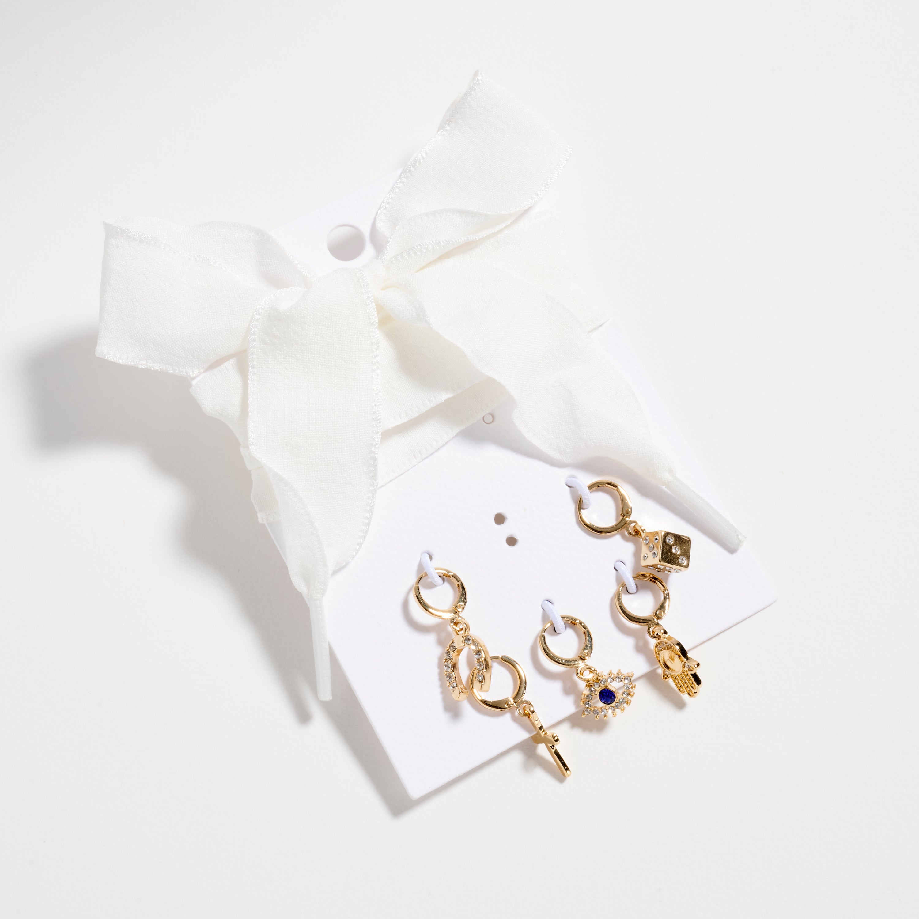 Gold Shoe Charm Set with Symbolic Pendants – Lucky Icons & White Ribbon Laces