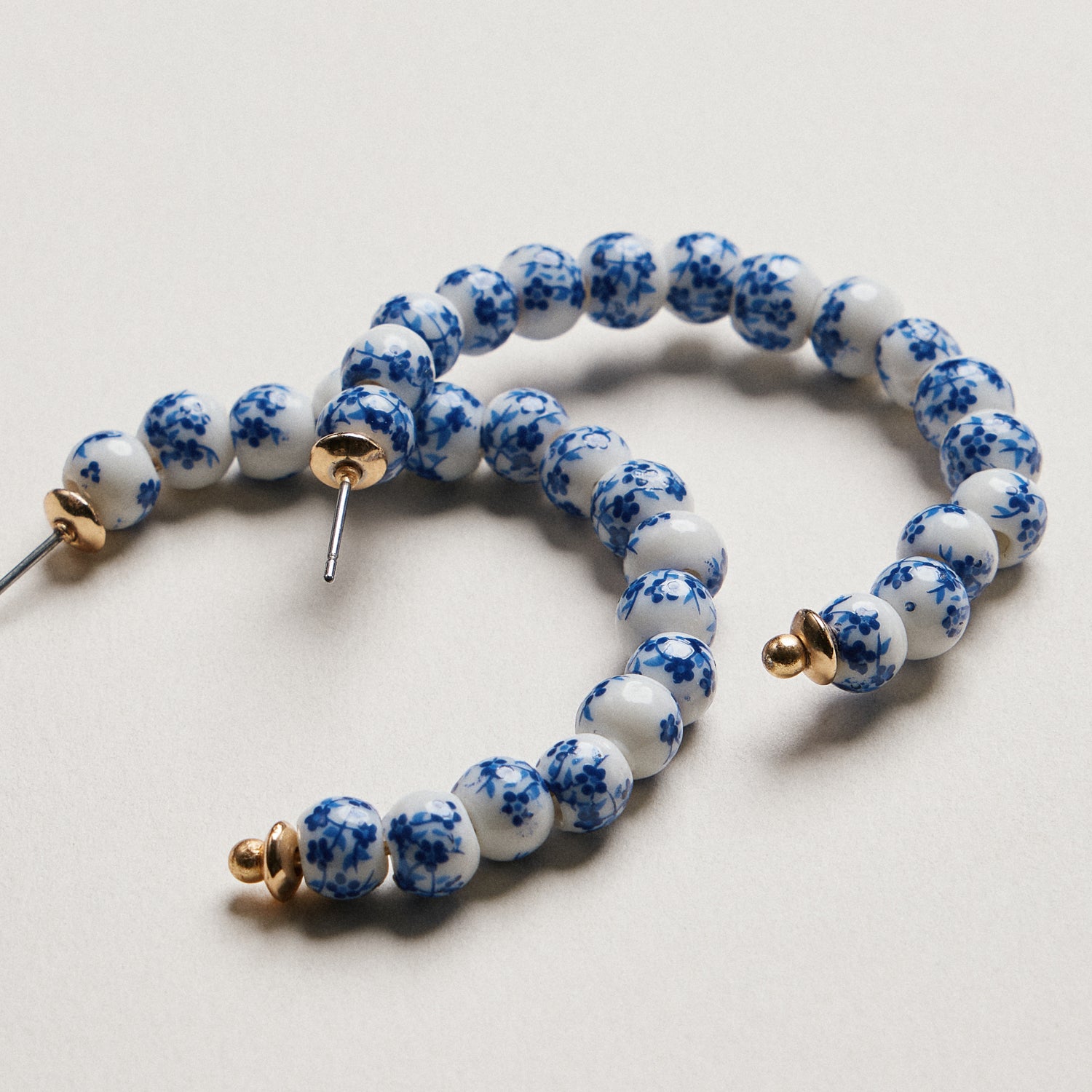 Blue Porcelain Beaded Hoop Earrings | Floral Ceramic Pattern Hoops