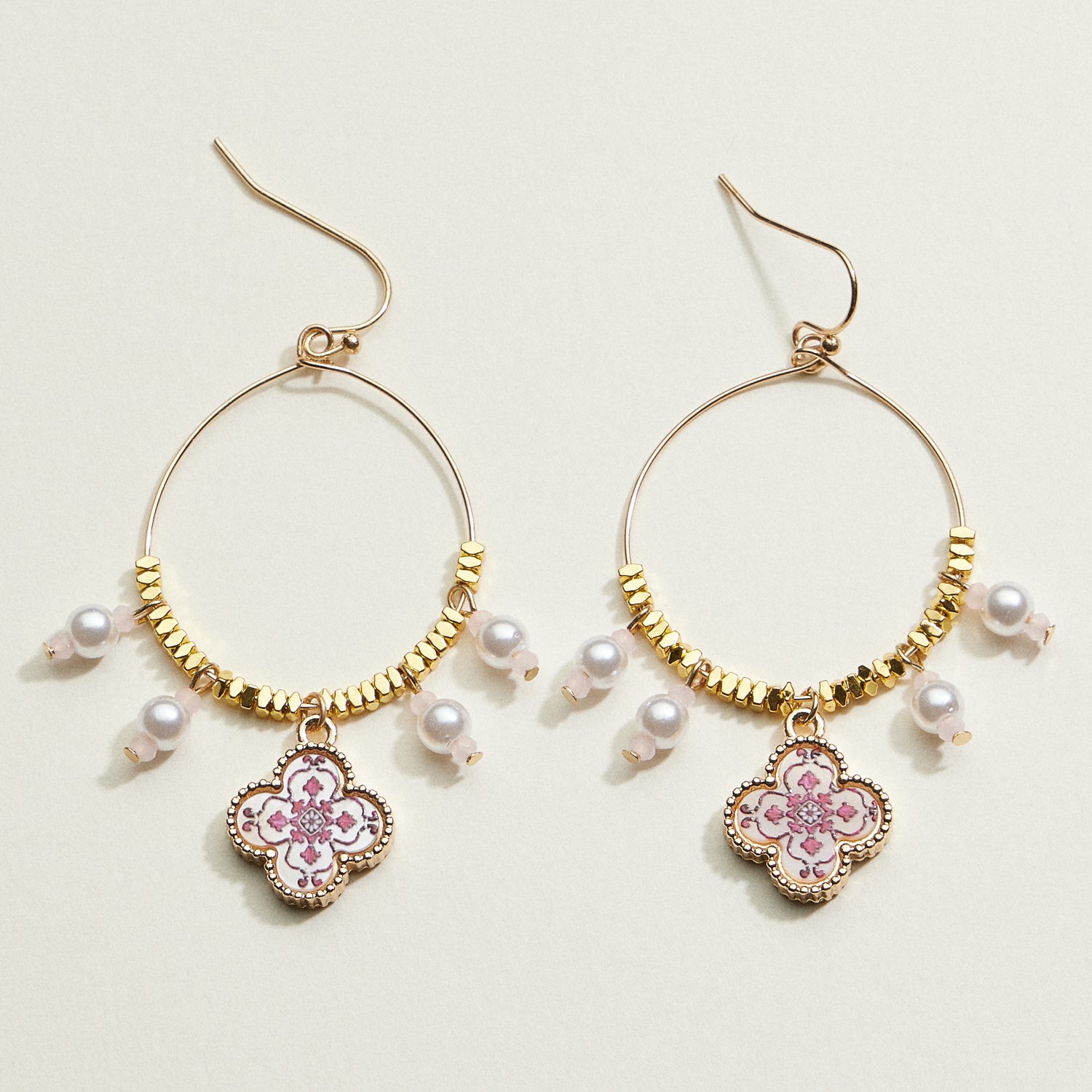 Boho Floral Pearl Hoop Earrings | Porcelain-Inspired Jewelry