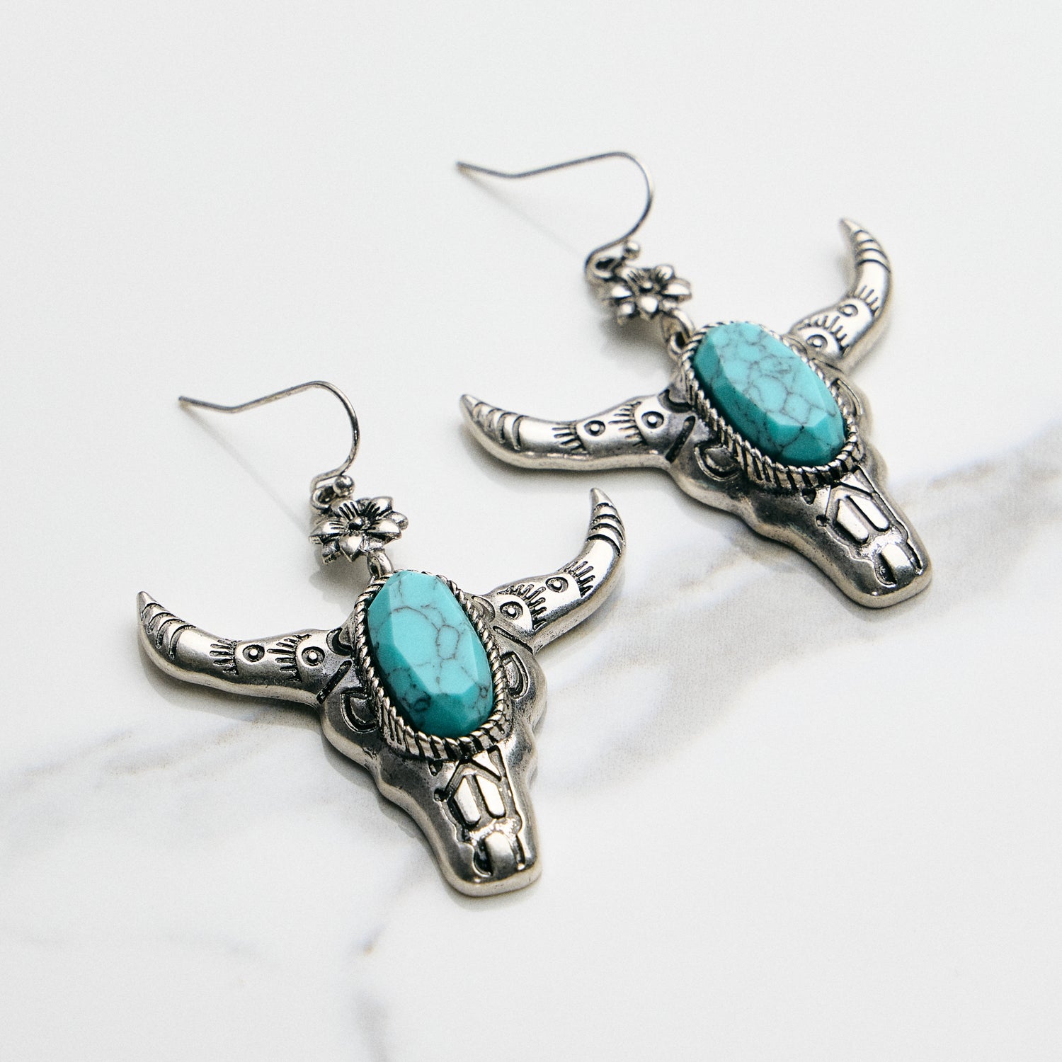 Turquoise Stone Bull Skull Hook Earrings