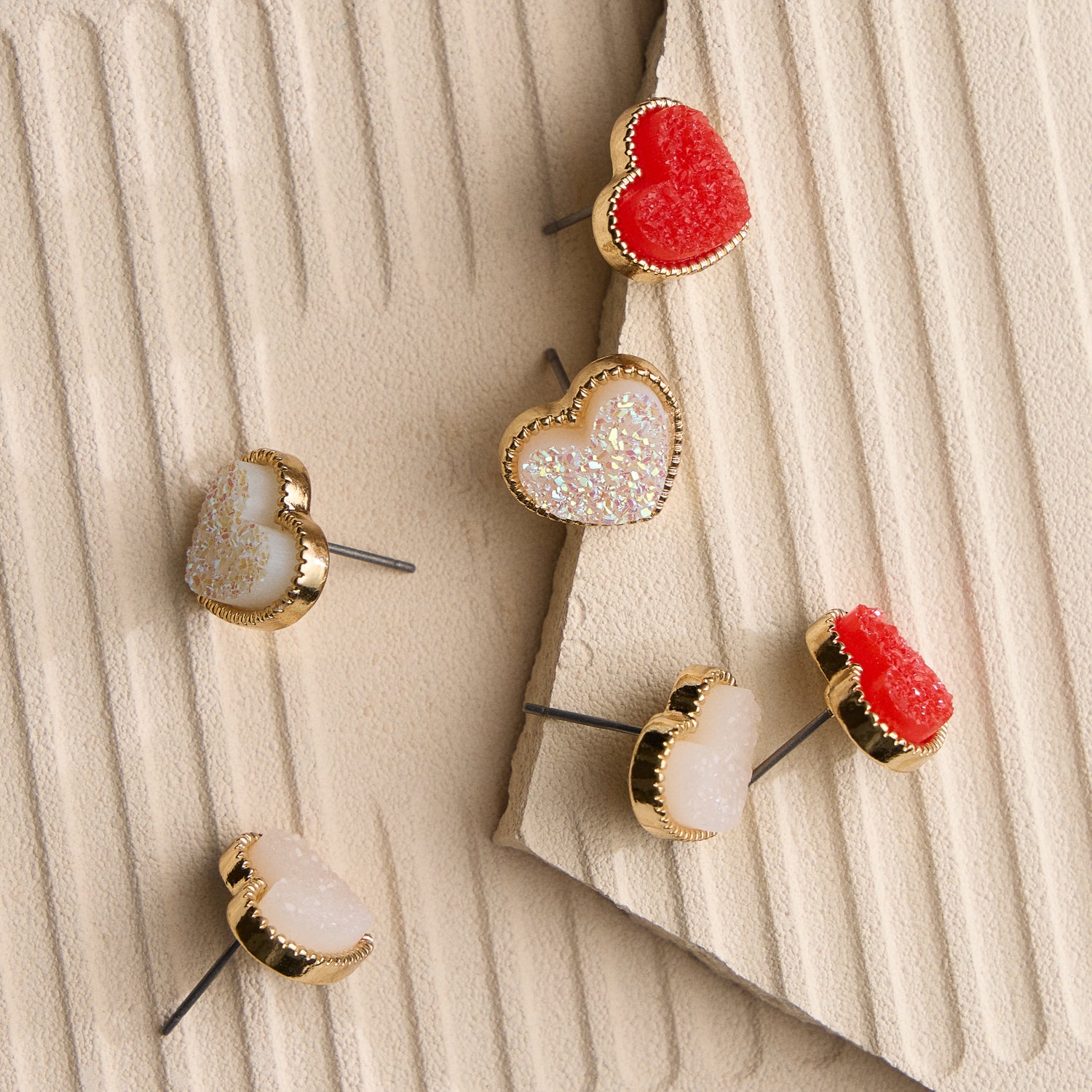 Druzy Heart Stud Earrings in Gold Trim