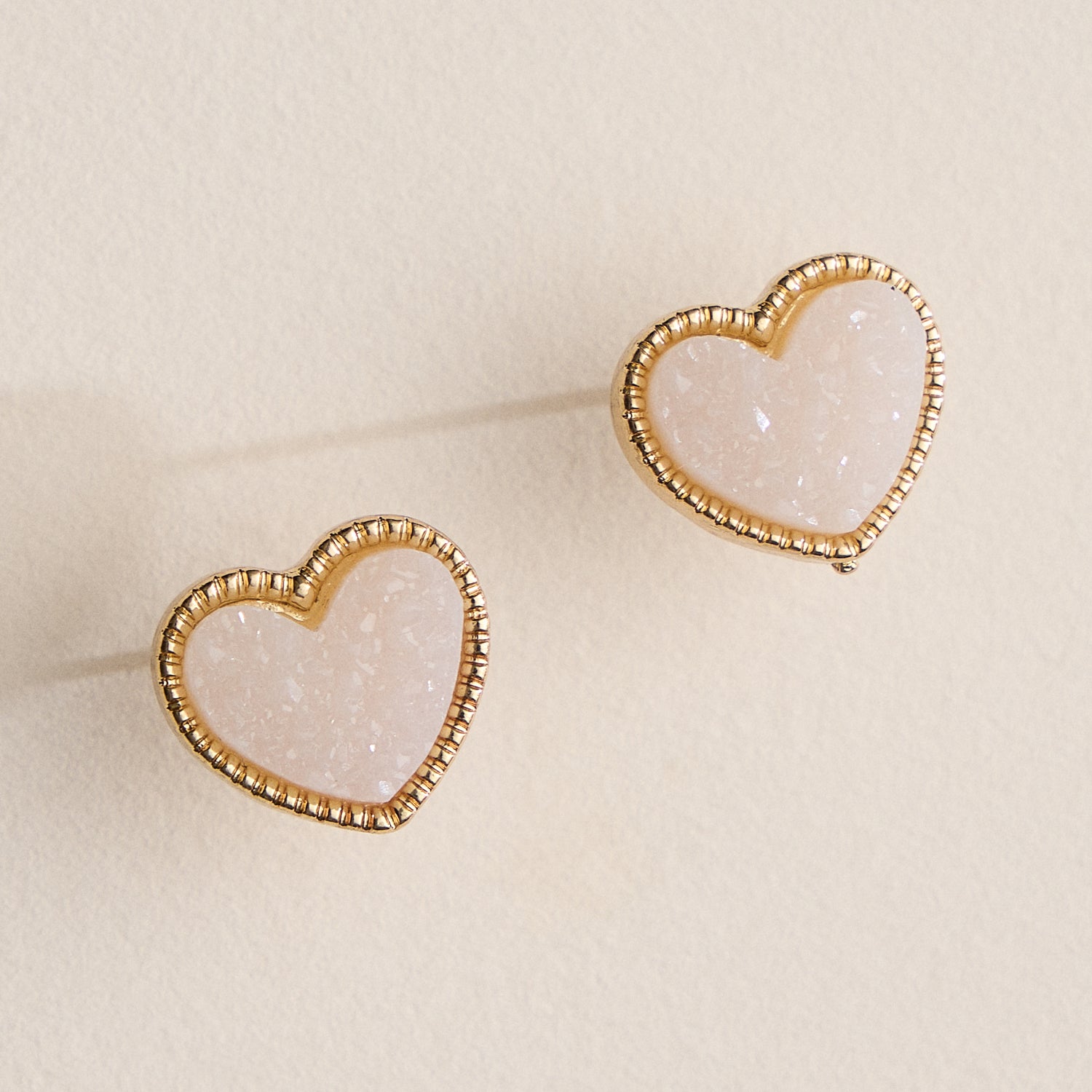 Elegant Gold-Trimmed Druzy Heart Stud Earrings