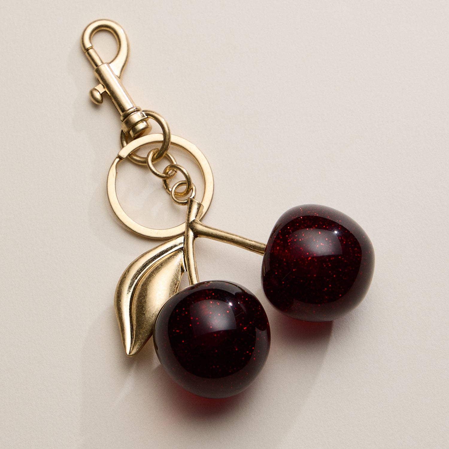 Cherry Keychain Charm with Gold Clip – Red Glossy Double Cherry Bag & Purse Accessory