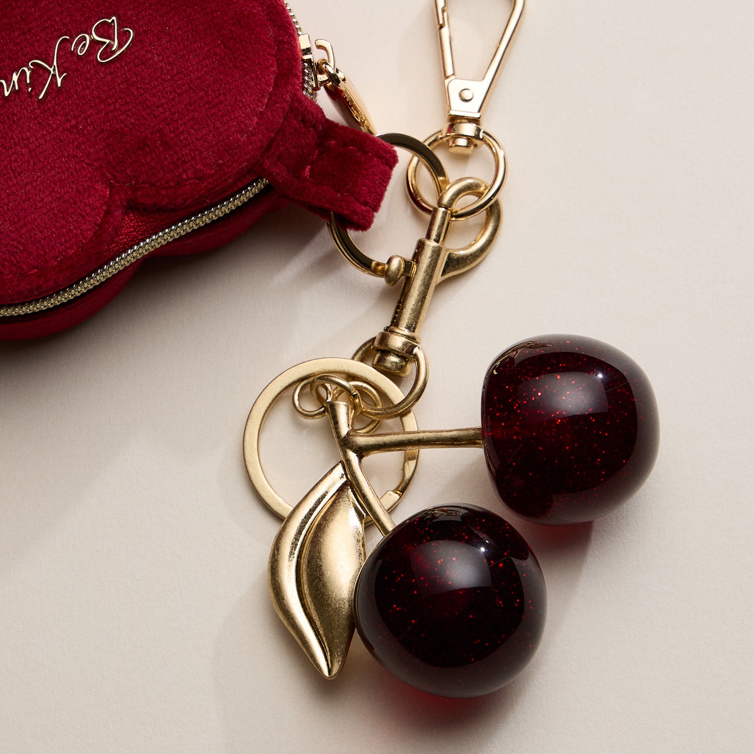 4.5 x 2.5 Red Glass Cherry Bag Charm Keychain with Gold Leaf