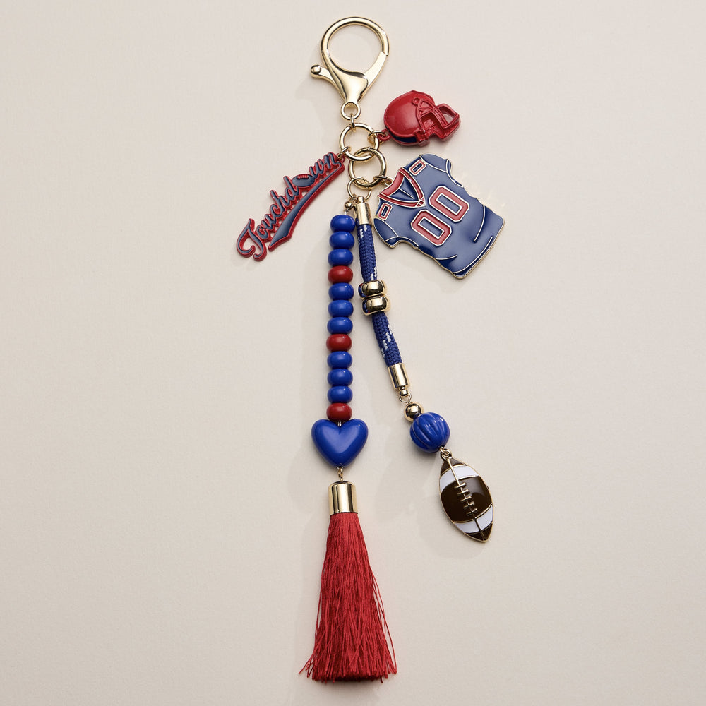 Gameday Football Keychain with football jersey, helmet, touchdown charm and tassel