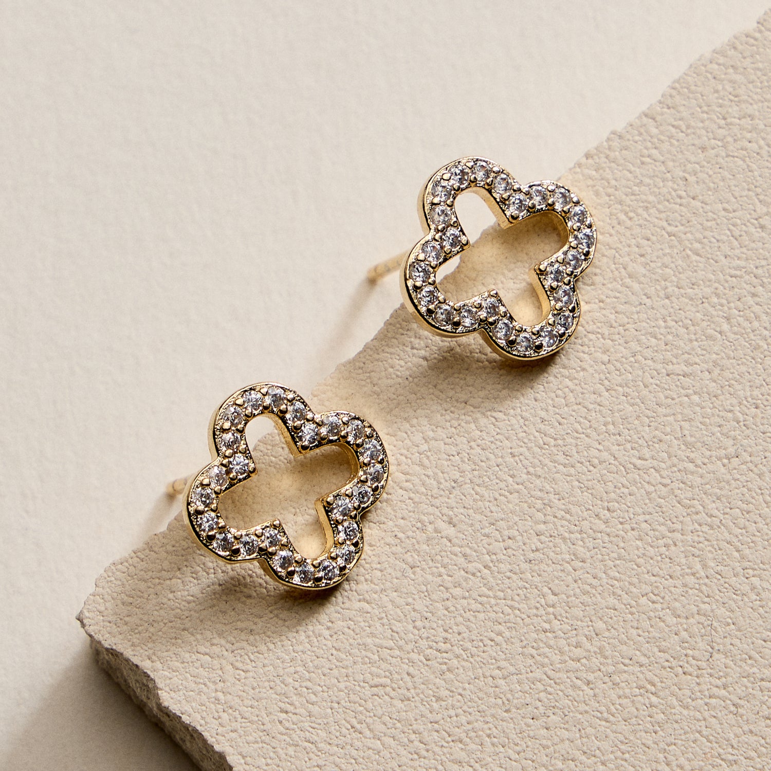 Gold Filled Clover Stud Earrings with CZ Accents